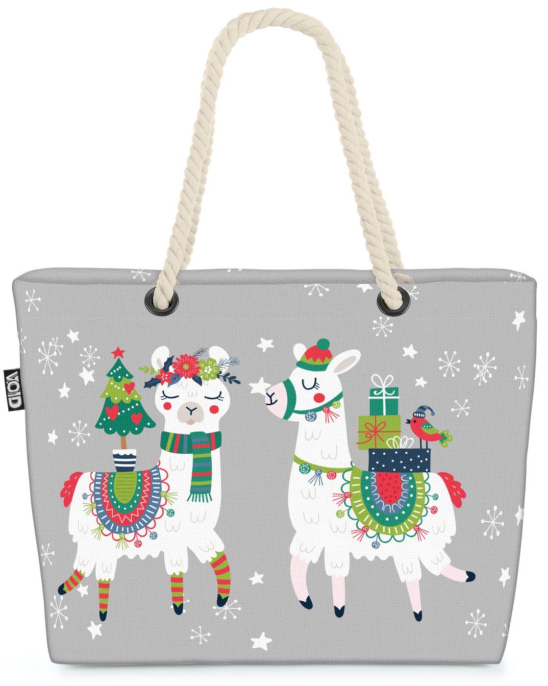 VOID Strandtasche (1-tlg), Lamas Weihnachten grau Beach Bag Lamas Winter Weihnachten Mexiko Christbaum Tan