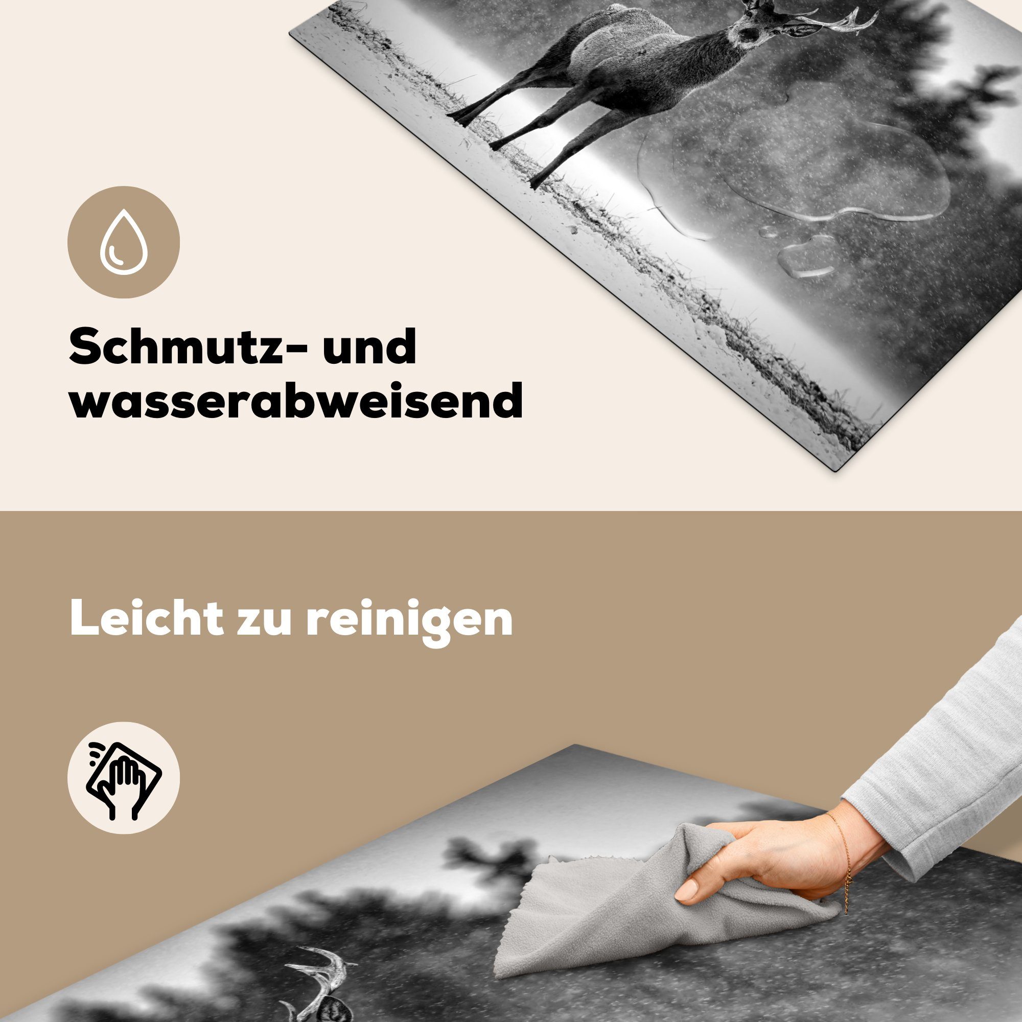 tlg), 81x52 Ceranfeldabdeckung, Winter Tiere - Hirsche Schwarz für Weiß, - Herdblende-/Abdeckplatte Vinyl, MuchoWow (1 - küche - cm, Arbeitsplatte