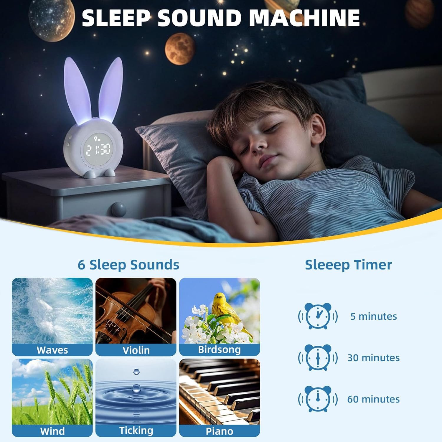 EXTSUD LED Nachtlicht Kinder Lichtwecker Cute Rabbit Kinderwecker, Creative Nachttischlampe Snooze-Funktion zeitgesteuertes Nachtlicht – Bild 3 von 4