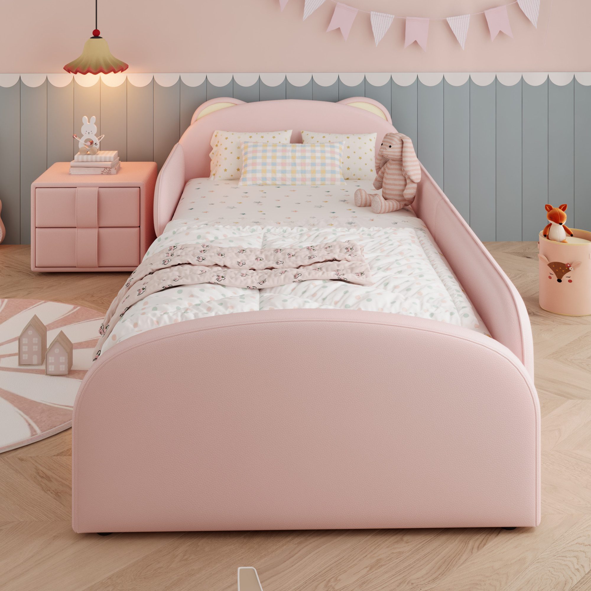 Flieks Polsterbett, Kinderbett Einzelbett 90x200cm Bärenform-Kopfteil mit Nachttisch