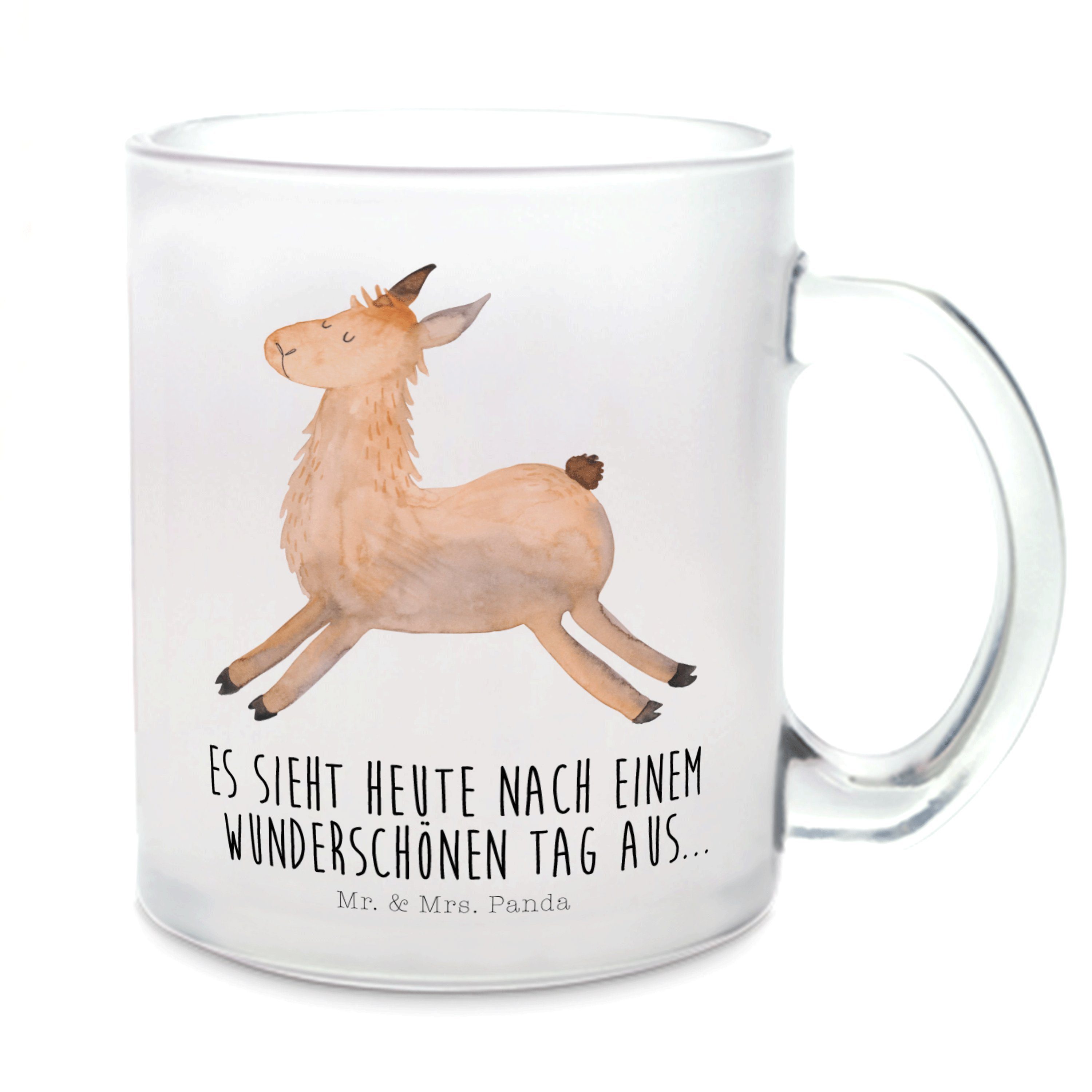 Mr. & Mrs. Panda Teeglas Lama Springen, Tee Tasse, Transparent, Start, Teetasse, Guten Morgen, 1-tlg., Premium Glas