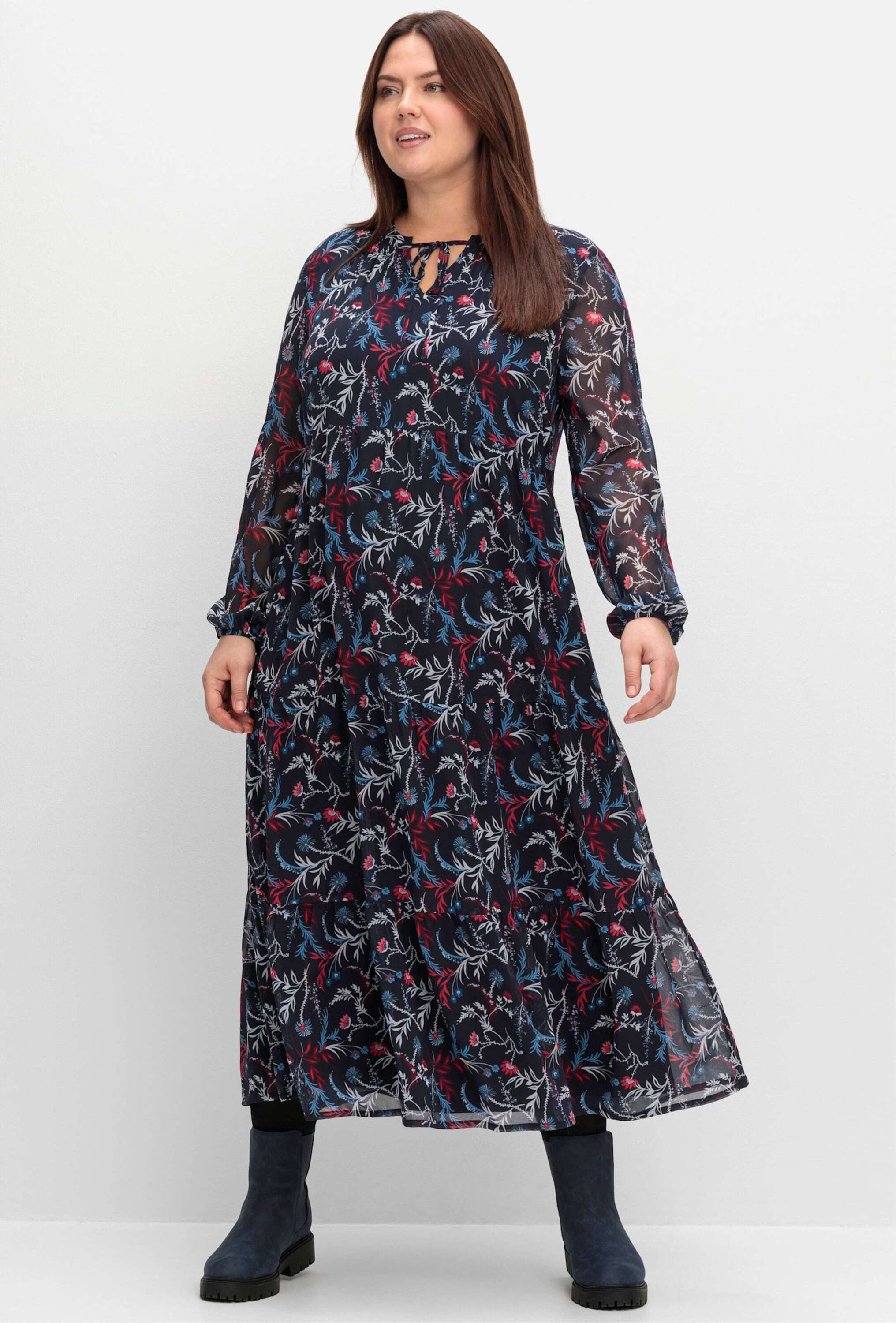 Sheego Etuikleid Maxikleid Langarm aus Chiffon, mit blickdichtem Futter