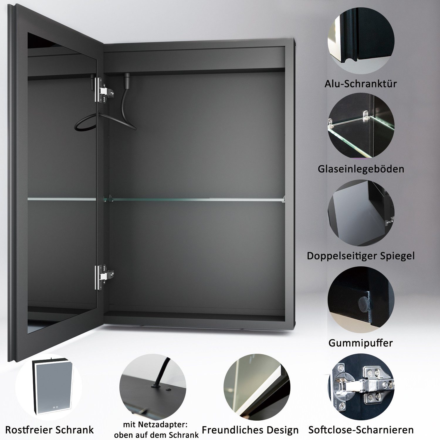 WDWRITTI Spiegelschrank Schwarz mit beleuchtung Hängeschrank 3Lichtfarben Dimmbar Anti-fog (Badezimmerspiegelschrank mit LED, Speicherfunktion, 1 türen 50x70cm, – Bild 3 von 5