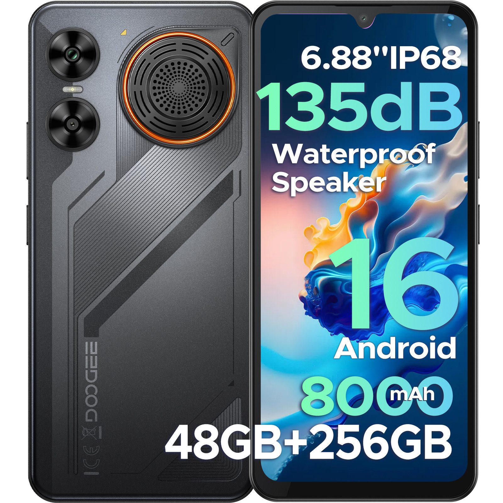 DOOGEE M30 Android 16 Handy,IP68, 6,88" 33W mit Lautsprecher 256GB Smartphone (6.88 Zoll, 256 GB Speicherplatz, 64 MP Kamera, 6+256GB, 2TB, Dual-SIM, 135dB, NFC/Fingerabdruck/Gesichtserkennung)