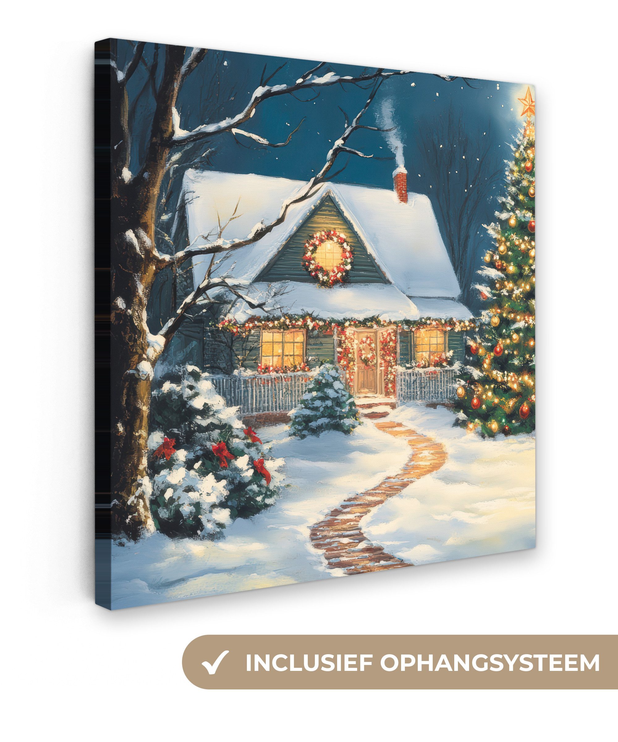 OneMillionCanvasses® Leinwandbild Weihnachten - Weihnachtsbaum - Winter - Zuhause - Schnee, Fotodruck (1 St), Wandbild, Deko Schlafzimmer Wohnzimmer Flur 20x20 cm