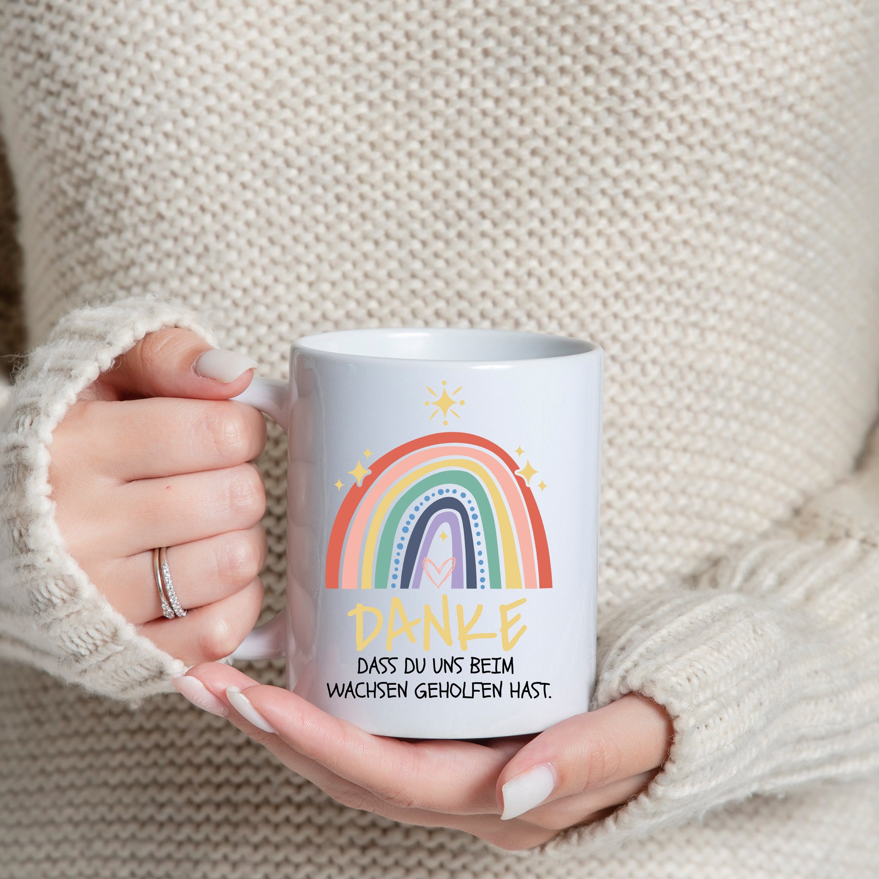 Youth Designz Tasse DANKE DASS DU UNS BEIM WACHSEN GEHOLFEN HAST Kaffeetasse Geschenk, Keramik, mit Süßem Spruch