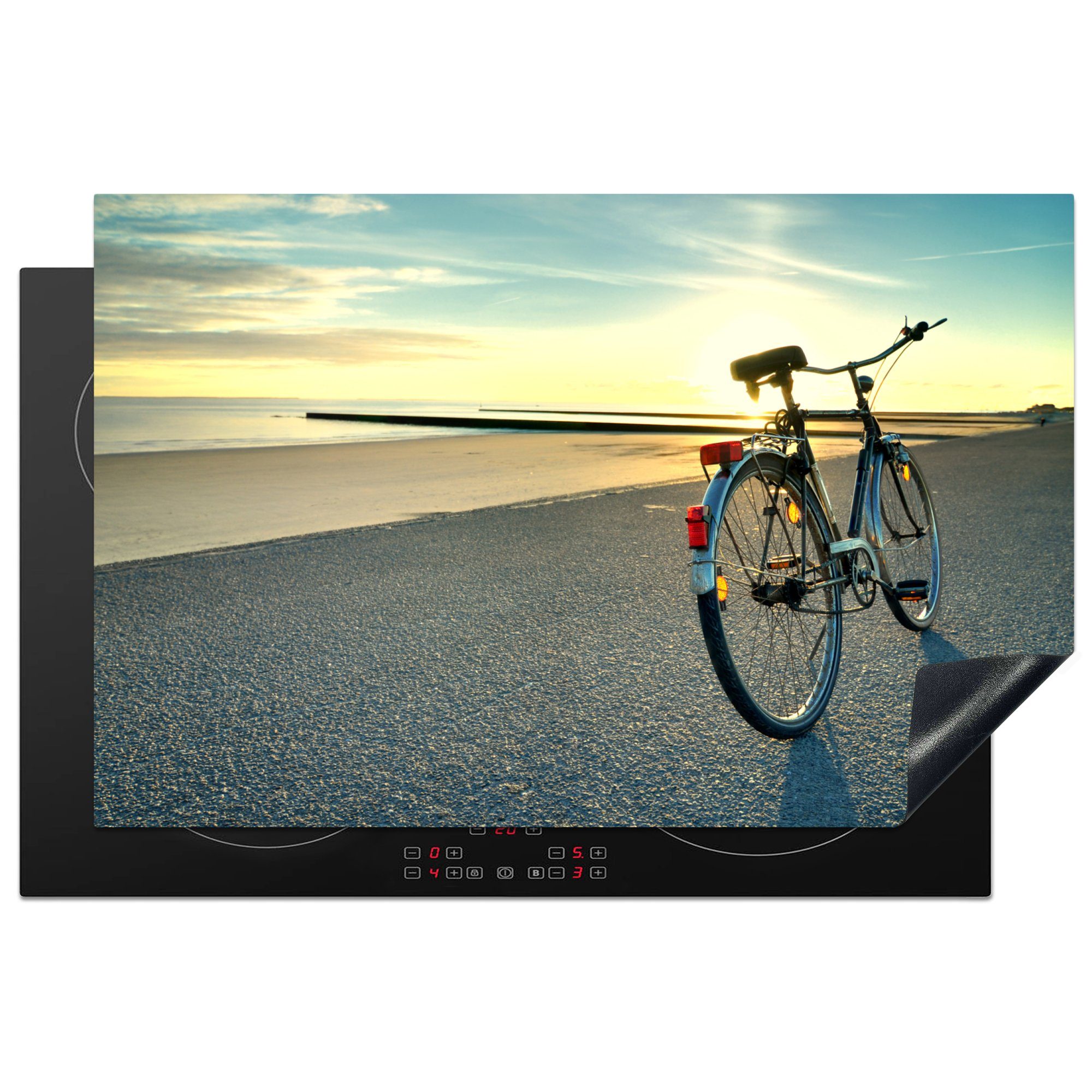 MuchoWow Herdblende-/Abdeckplatte Nordsee - Fahrrad (1 Ceranfeldabdeckung Schutz die Vinyl, Sonnenuntergang, - für Induktionskochfeld 81x52 cm, tlg), küche