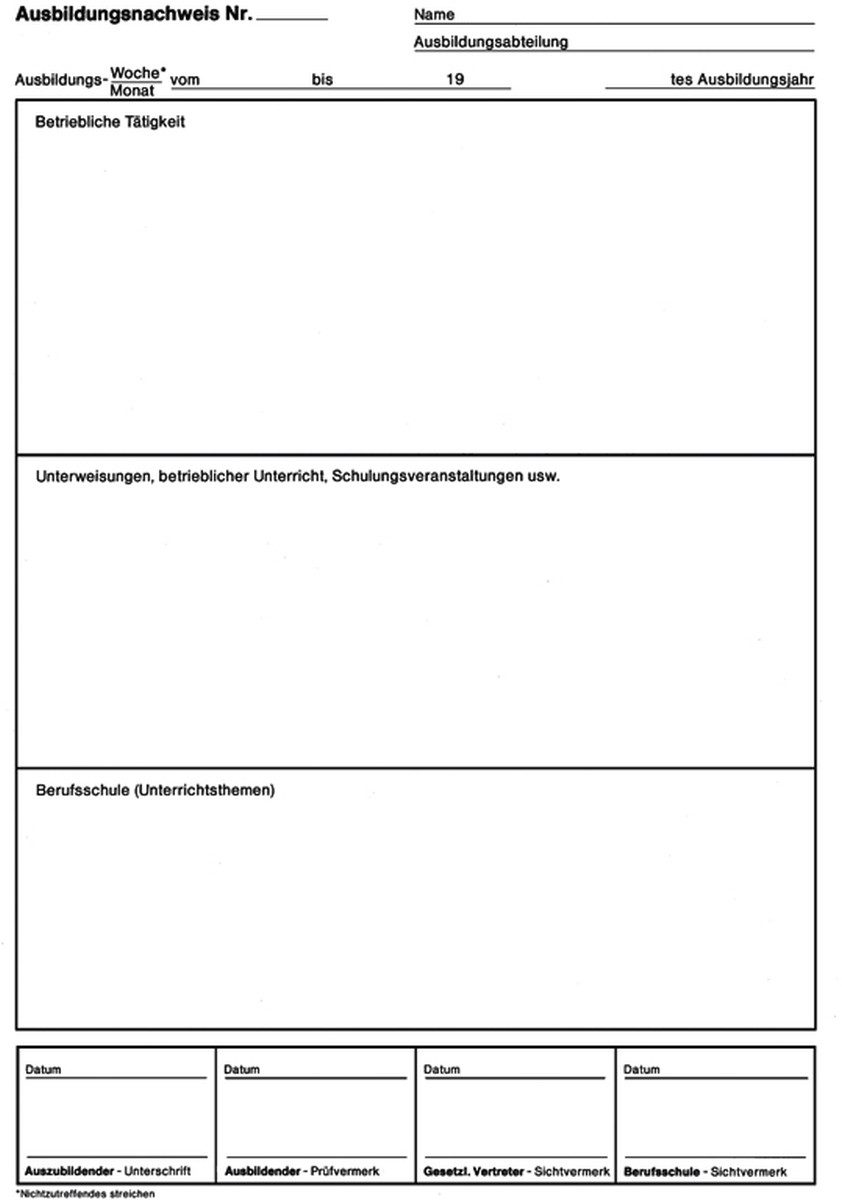 Formularblock Ausbildungsnachweisheft A4 grün.