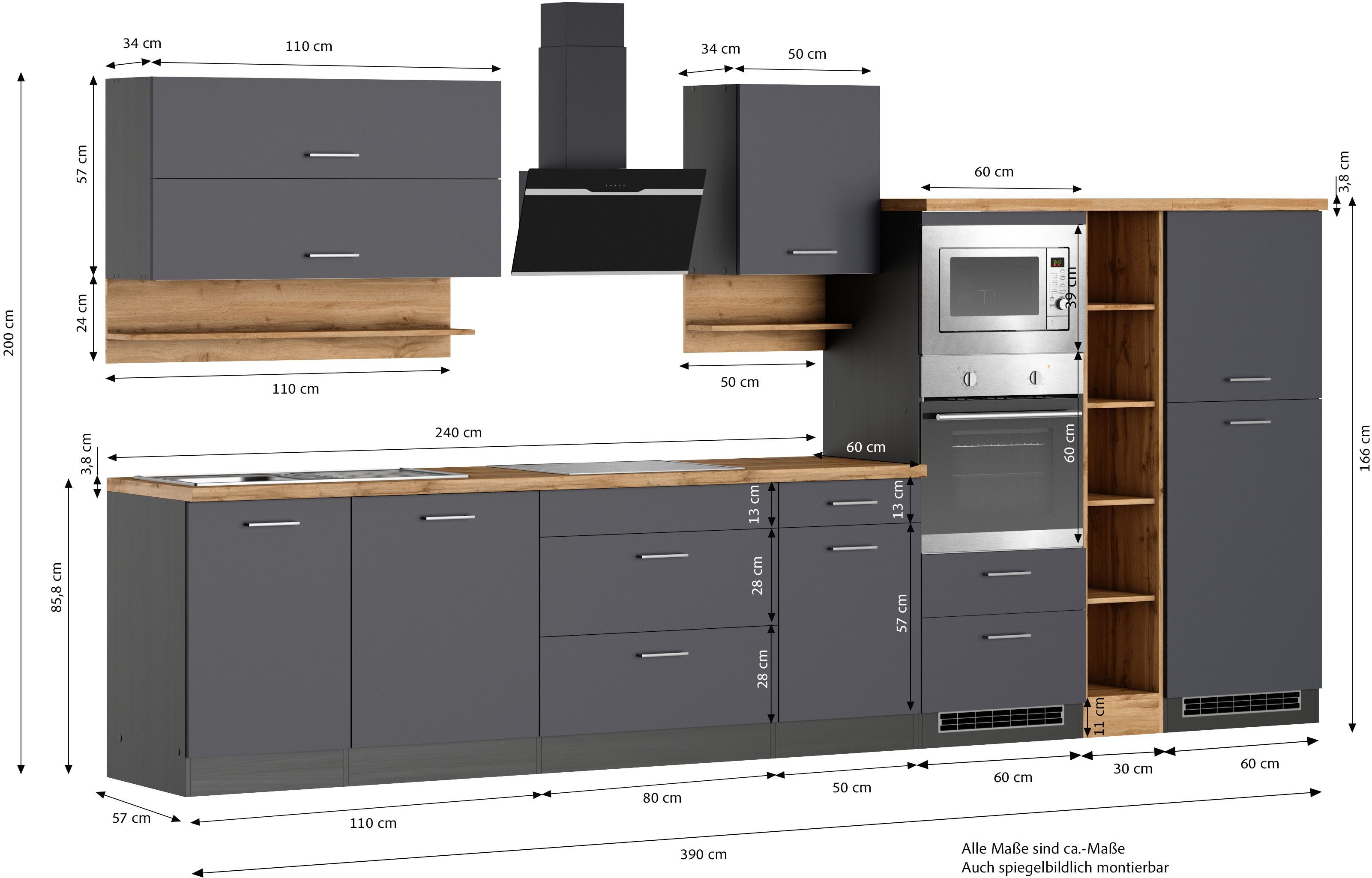 KOCHSTATION Küchenzeile KS-Milan, 390 cm breit, viel Stauraum, wahlweise mit E-Geräten