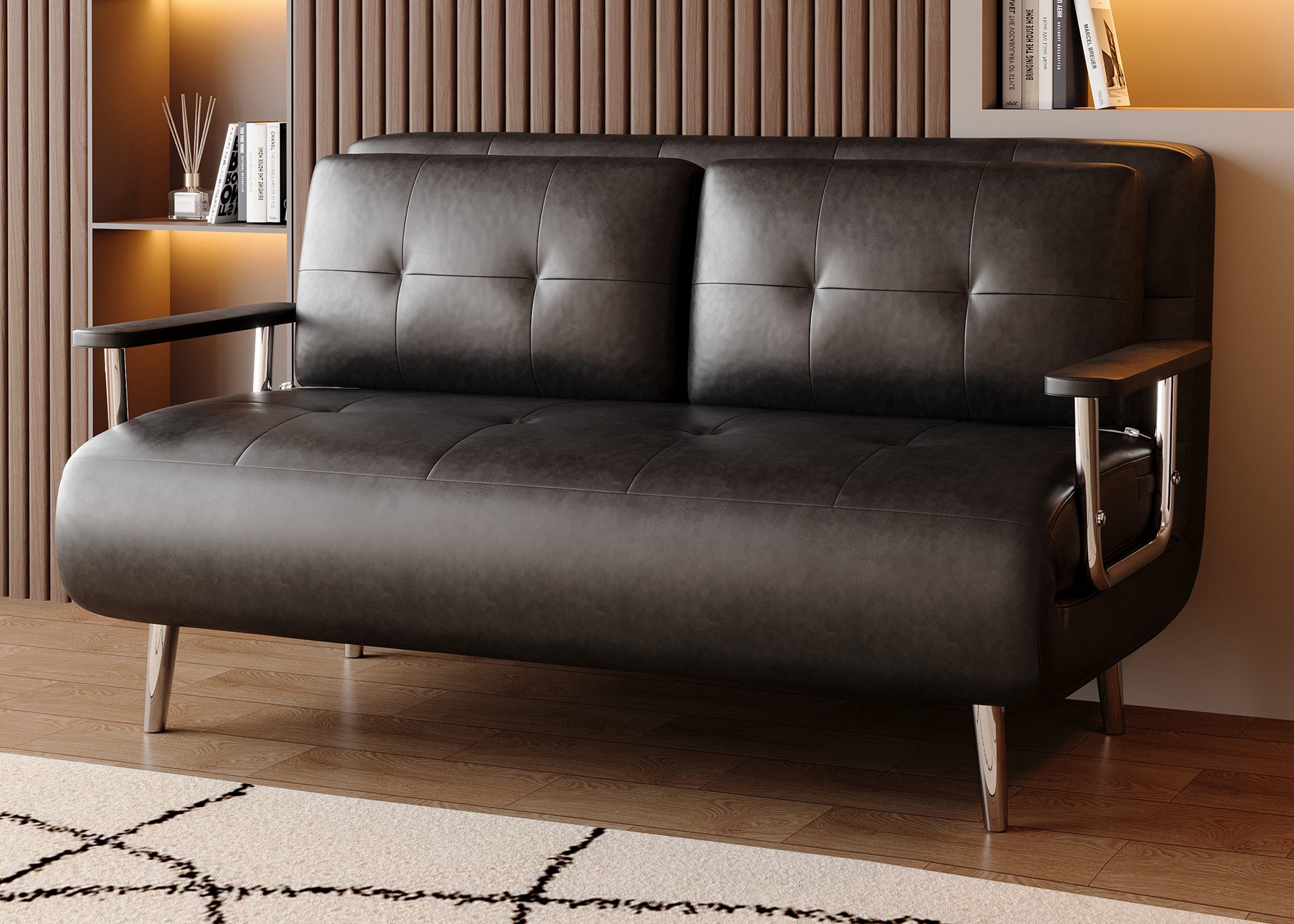 oleyluckidea Schlafsofa 150cm,Lederoptik Sofa ausziehbare Schlafcouch mit Schlaffunktion,braun, Zum Bett umwandelbar, Bettfunktion, Sofabett