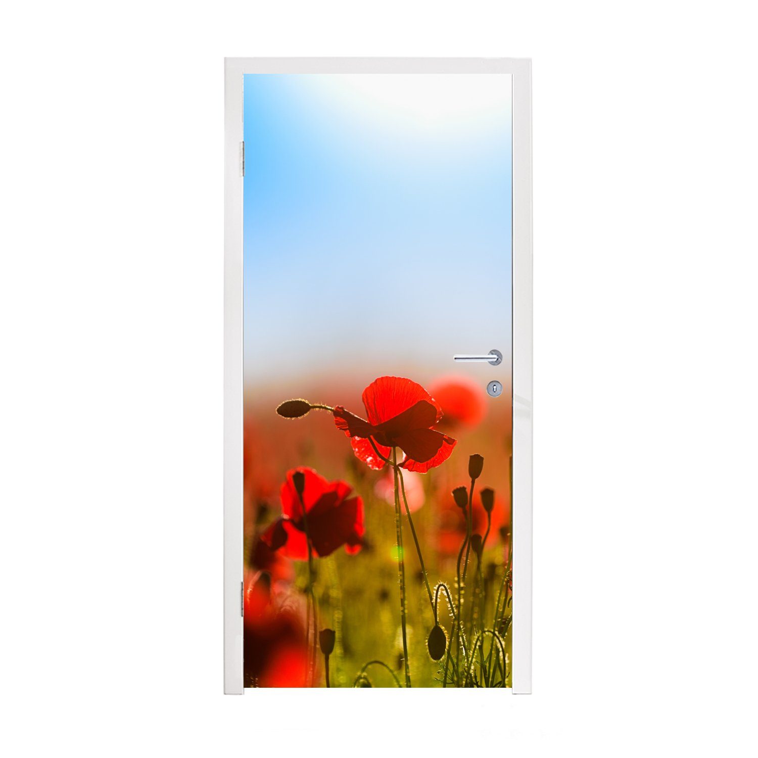 MuchoWow Türtapete Mohnblumen unter einem klaren blauen Himmel., Matt, bedruckt, (1 St), Fototapete für Tür, Türaufkleber, 75x205 cm