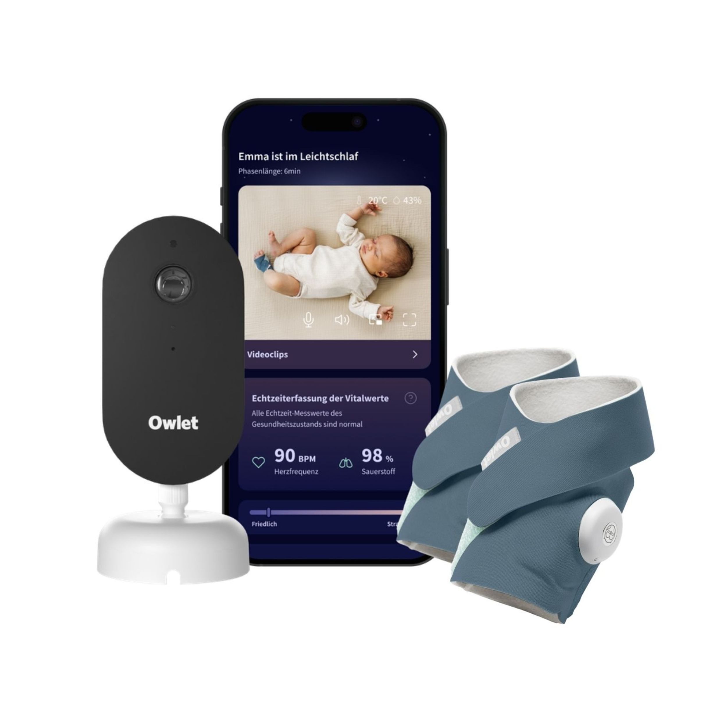 Owlet Baby Care DE Babyphone Dream Duo mit Ersatzsocke – Smartes Babyphone mit App, Dream Sock, und Wechselsocke