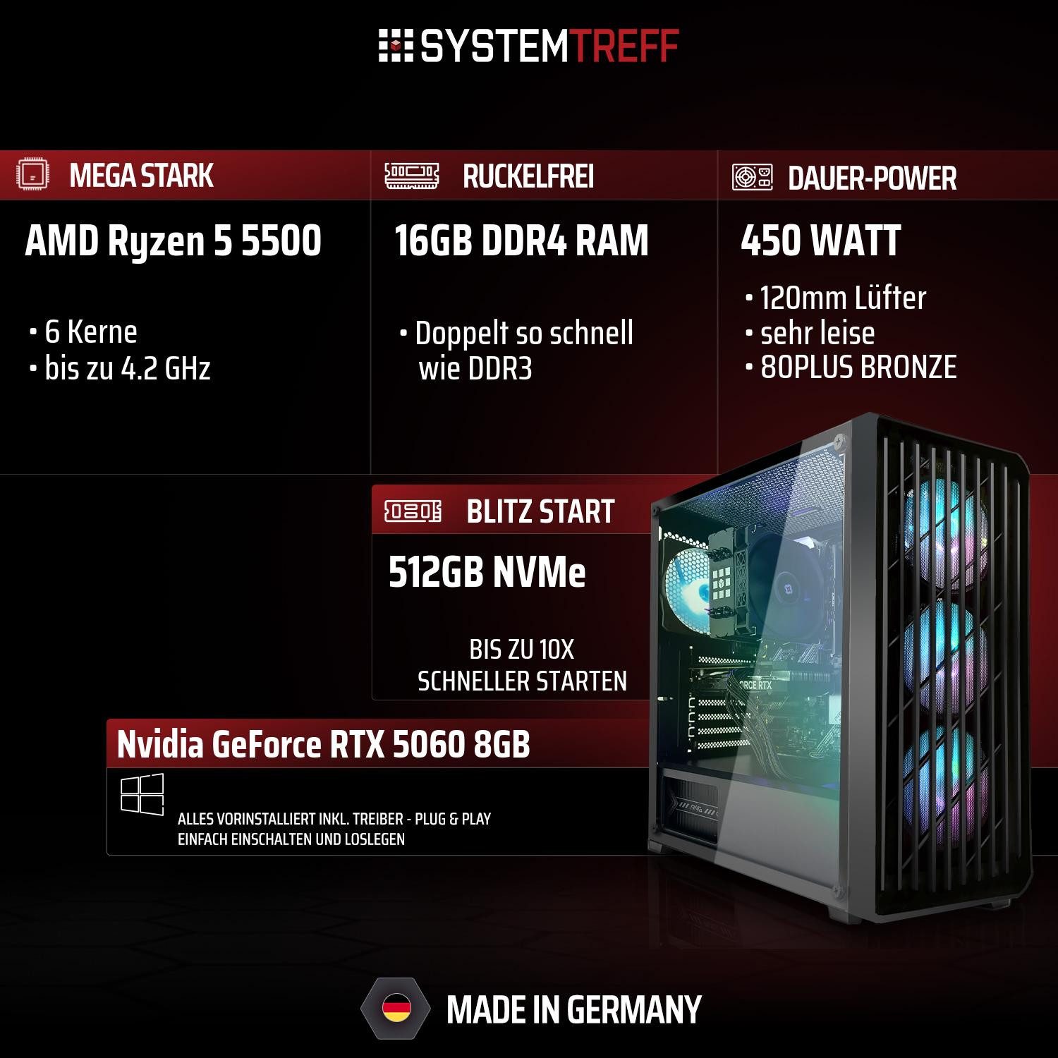 SYSTEMTREFF AMD Ryzen 5 5500 mit Nvidia GeForce RTX 5060 8GB Gaming-PC-Komplettsystem (27", AMD 5500 5500, Nvidia GeForce RTX 5060, 16 GB RAM, 512 GB SSD)