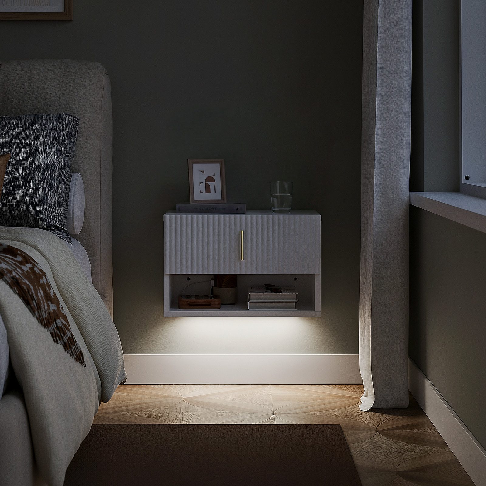 SoBuy Nachttisch FBT176/177, Schwebender Nachttisch mit LED-Sensorleuchte, Wandregal, Nachttisch mit Schublade und Goldgriff, Wandschrank