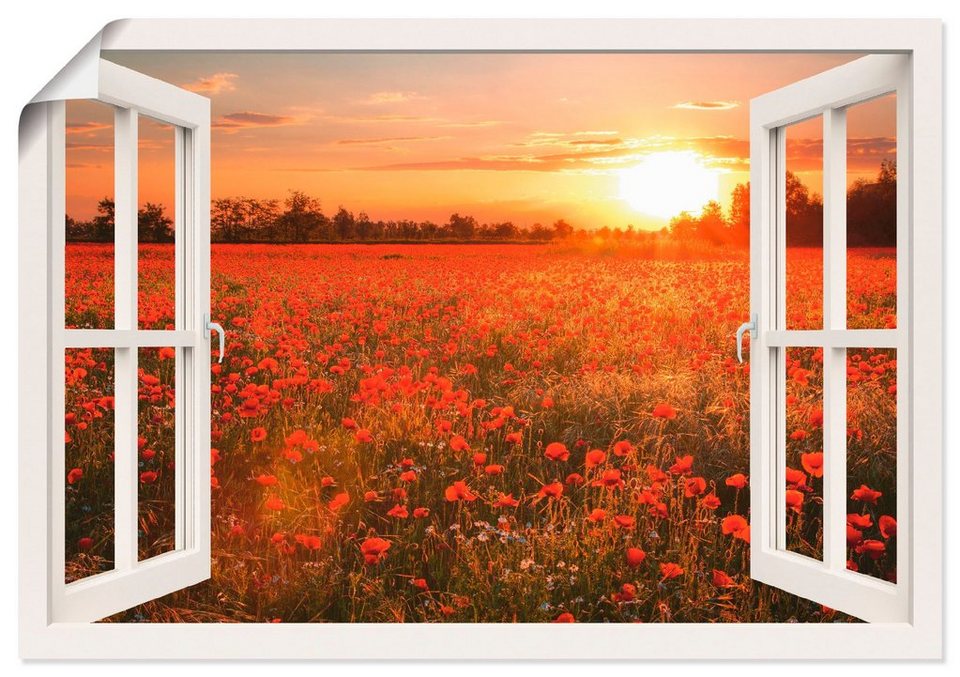 Artland Wandbild Fensterblick Mohnblumenfeld, Blumen (1 St), als Alubild,  Leinwandbild, Wandaufkleber oder Poster in versch. Größen, Verschiedene  Größen & Produktarten