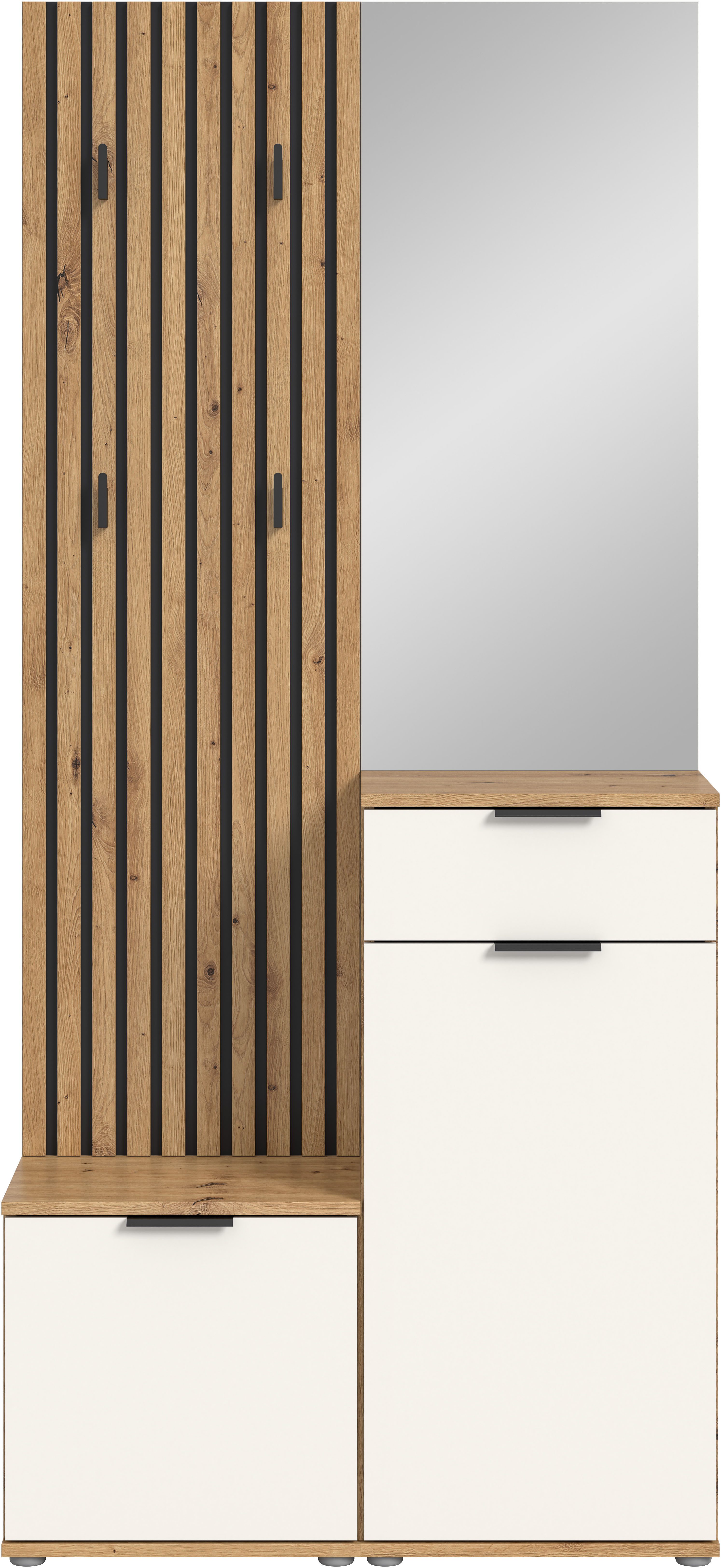 HBZ Kompaktgarderobe Simple mit Spiegel, Flurgarderobe BxHxT 88x195x35 cm (4-St) mit Bank, Paneel, Schuhkommode mit Schubkasten und Spiegel