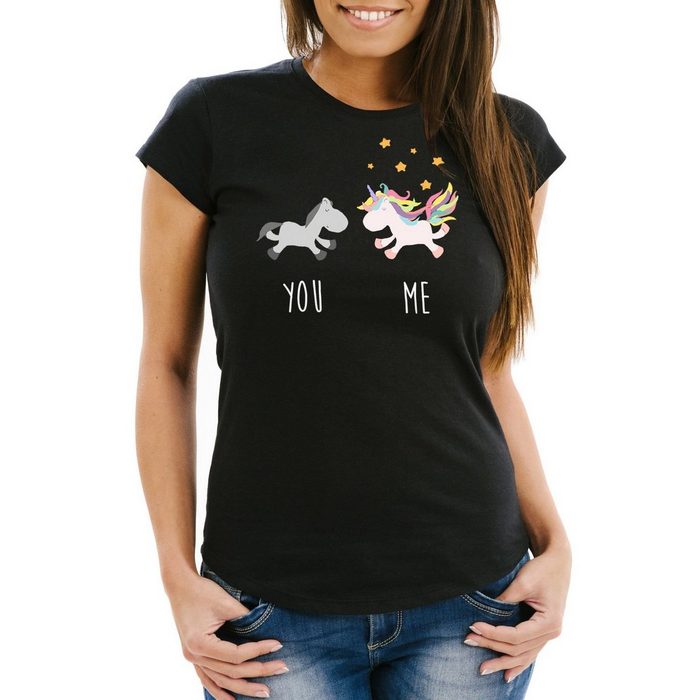 MoonWorks Print-Shirt Damen T-Shirt YOU and ME Einhorn Unicorn Slim Fit Moonworks® mit Print