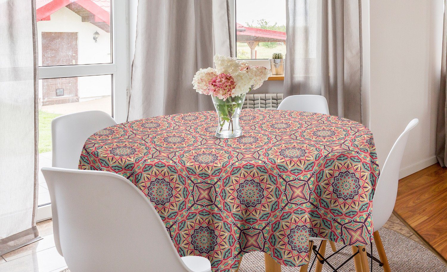 Abakuhaus Tischdecke Kreis Tischdecke Abdeckung für Esszimmer Küche Dekoration, Mandala Blooming Nature Theme