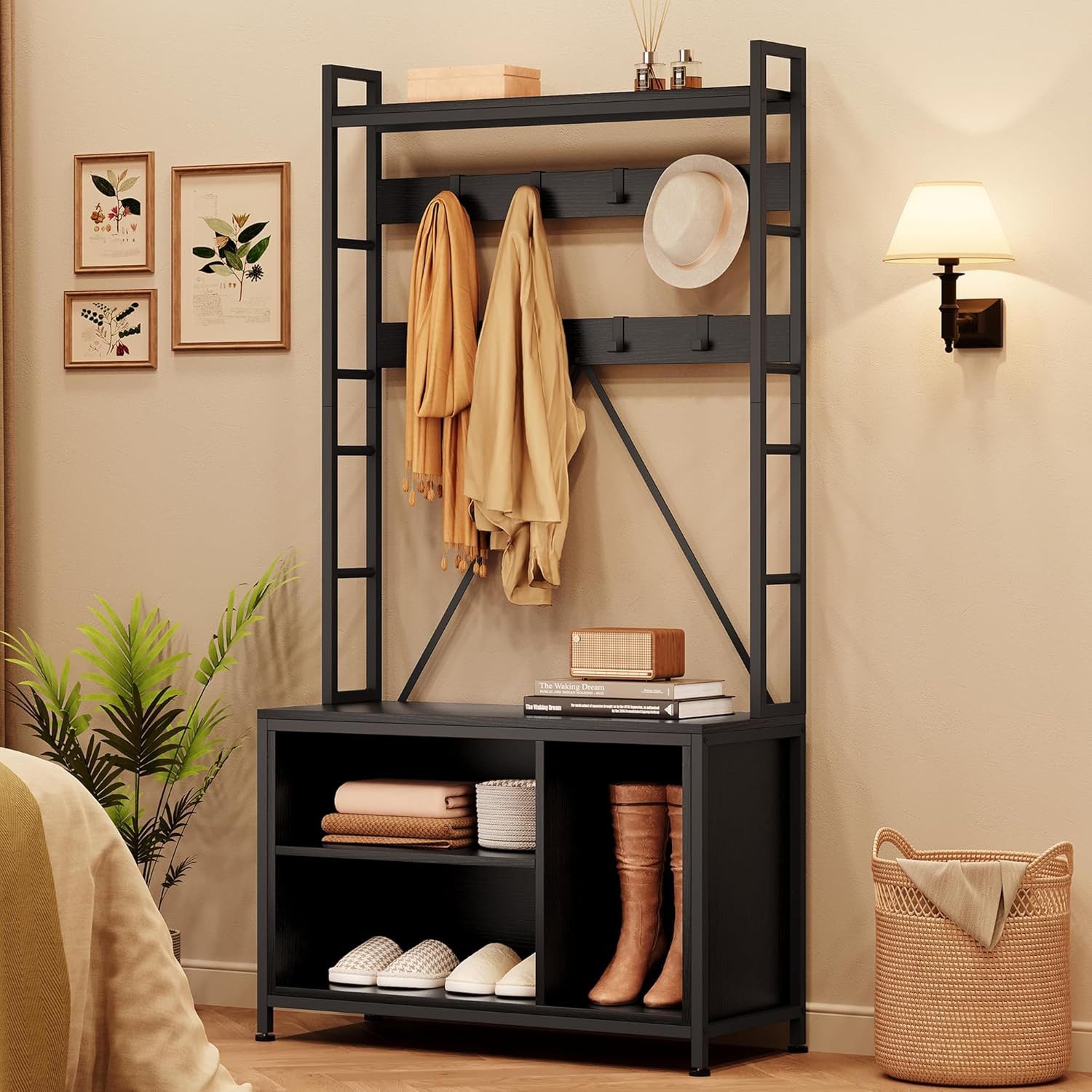 GarveeMore Garderobenständer 5-in-1 mit Schuhbank,3 Etagen Ablage und 8 Haken,178cm, mit Schuhschrank,verstellbare Füße,für Flure,Wohnzimmer,93x35x178cm – Bild 5 von 5