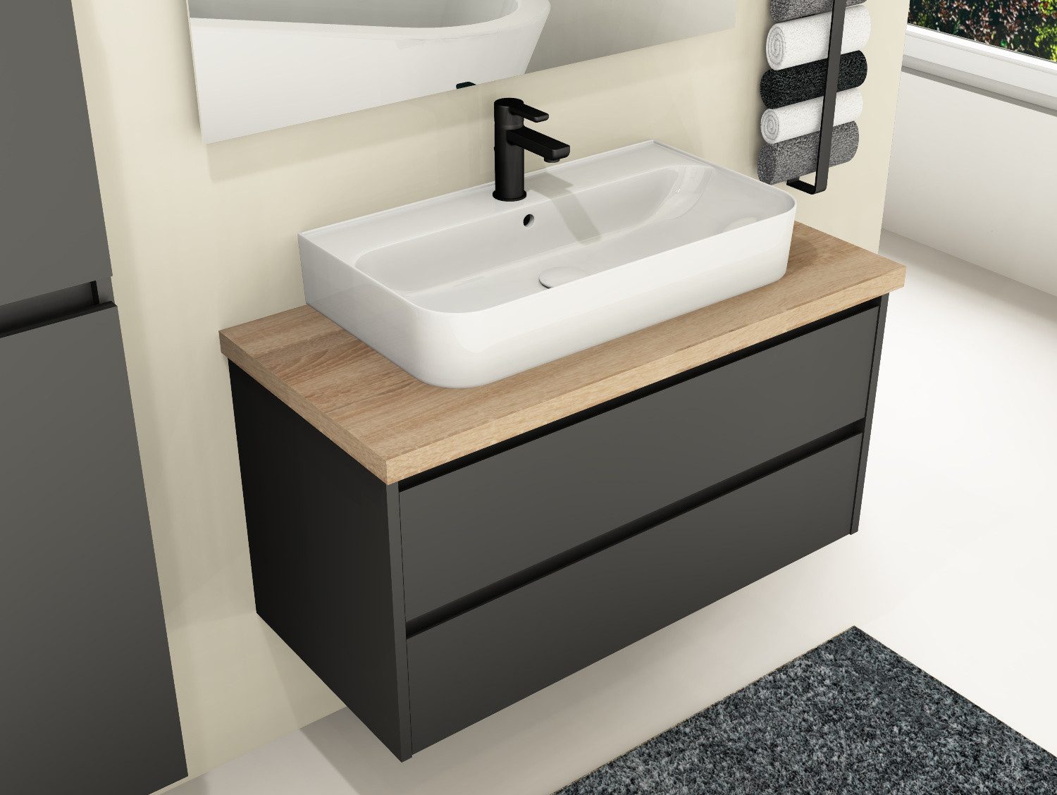 Aqua Bagno Badmöbel-Set Duo Badmöbel 100 cm – Anthrazit Matt mit MDF-Trägerplatte & Keramik, (Badschrank vormontiert, 3-St., Badmöbelschrank mit Trägerplatte, Waschbecken), einfache Montage