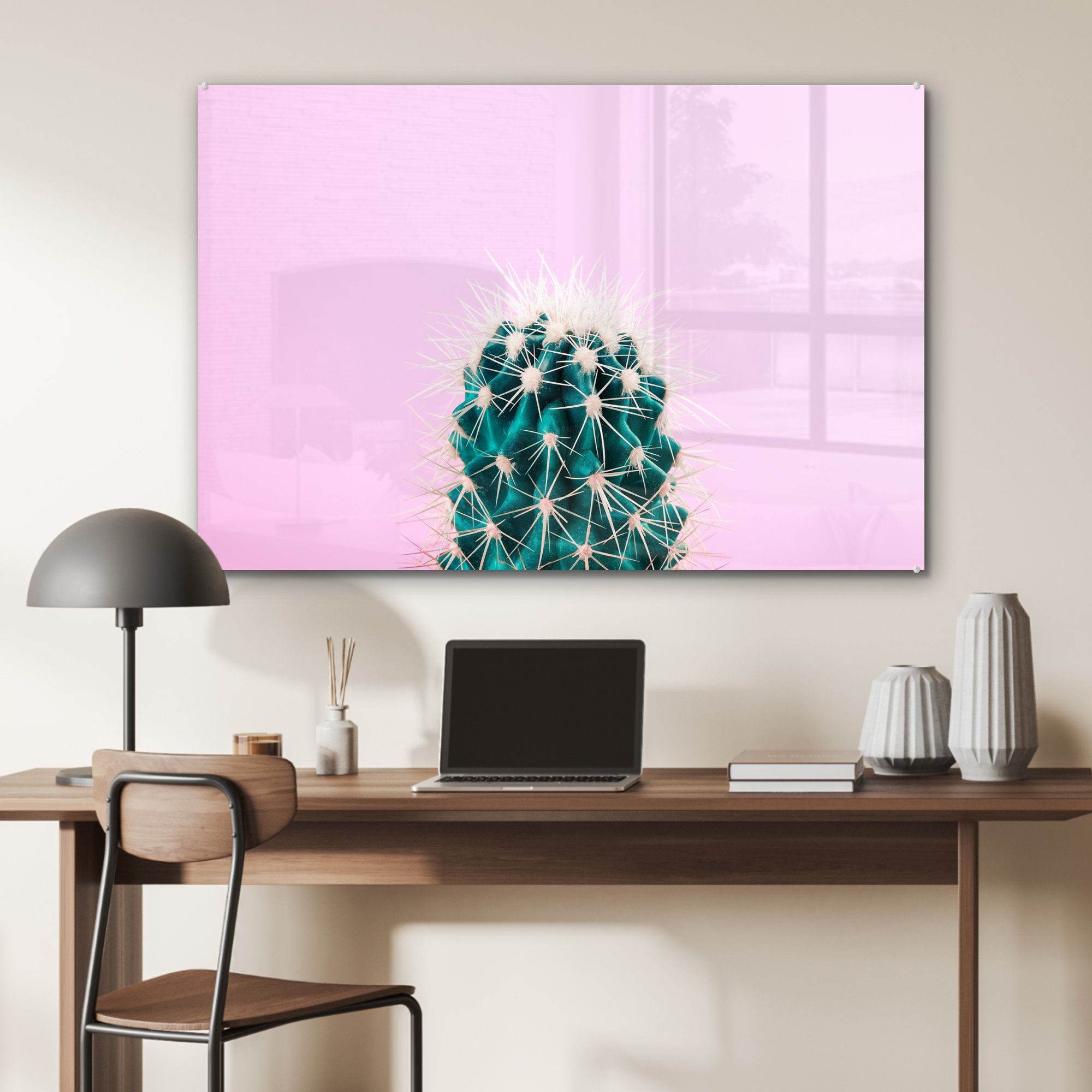 Grüner Wohnzimmer Schlafzimmer Kaktus MuchoWow (1 St), Acrylglasbilder auf Hintergrund, Acrylglasbild & rosa
