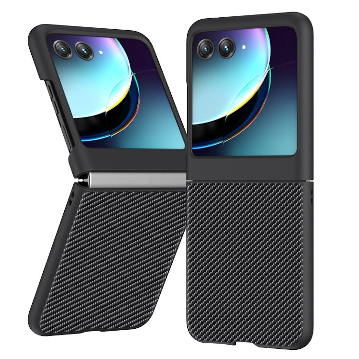 Wigento Handyhülle Für Motorola Razr 40 Ultra Carbon Textur TPU Handy Tasche Schwarz