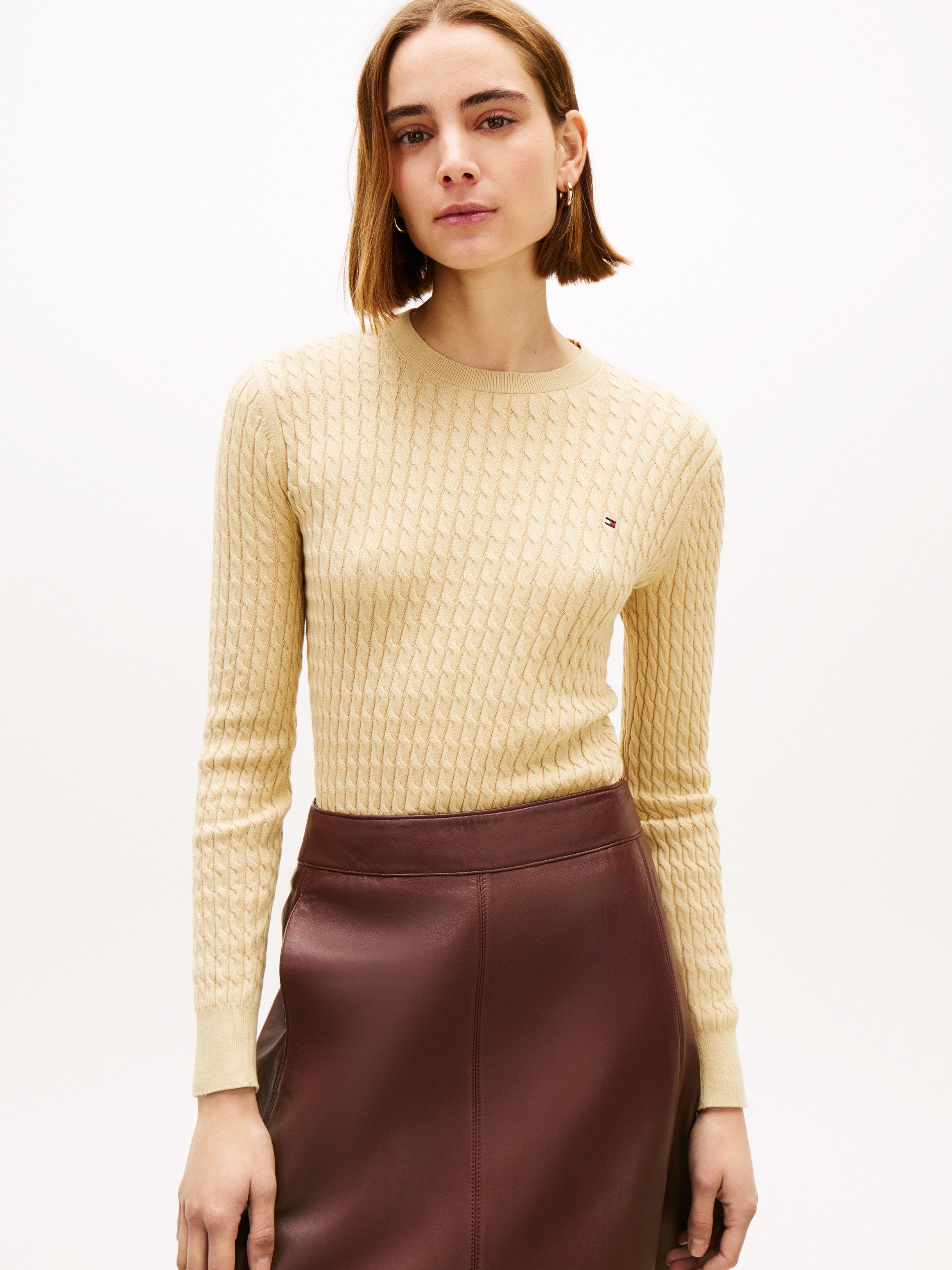 Tommy Hilfiger Rundhalspullover CO CABLE C-NK LS SWEATER Baumwolle, mit Zopfmuster, Regular Fit