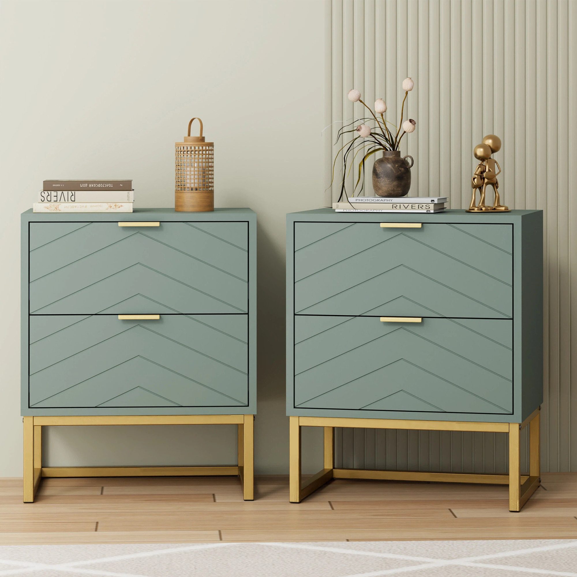 UEV Nachttisch 2er Set, Nachtkommode mit Schubladen (Nachtschrank mit 2 Schubladen für Kinderzimmer/Schlafzimmer/Wohnzimmer), kleine Beistelltisch Sofatisch mit Kippschutz