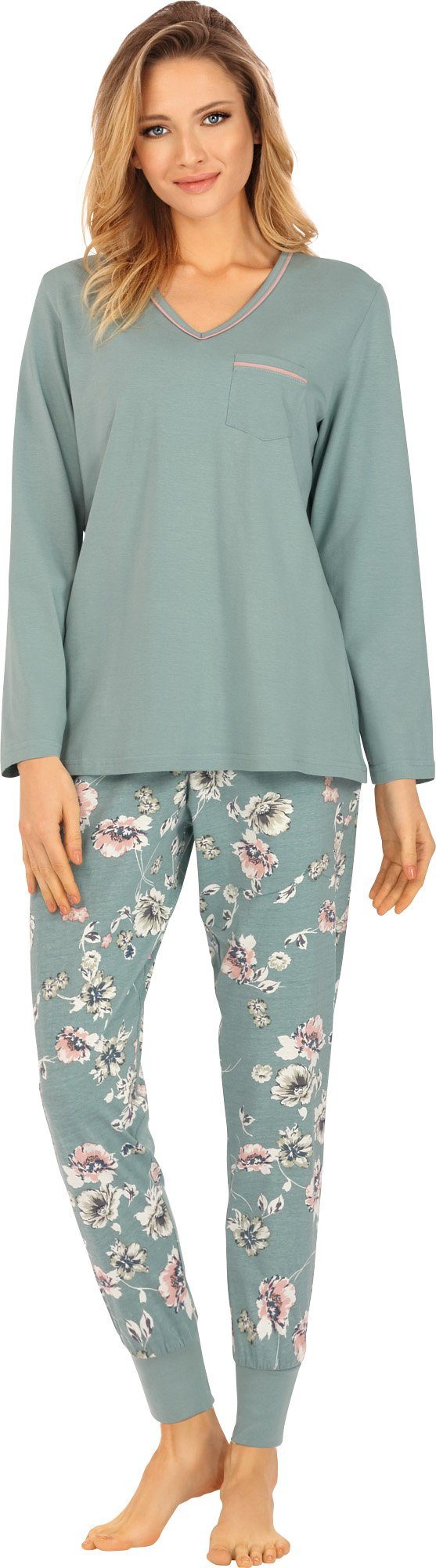 Ascafa Pyjama Damen-Schlafanzug Single-Jersey Blumen