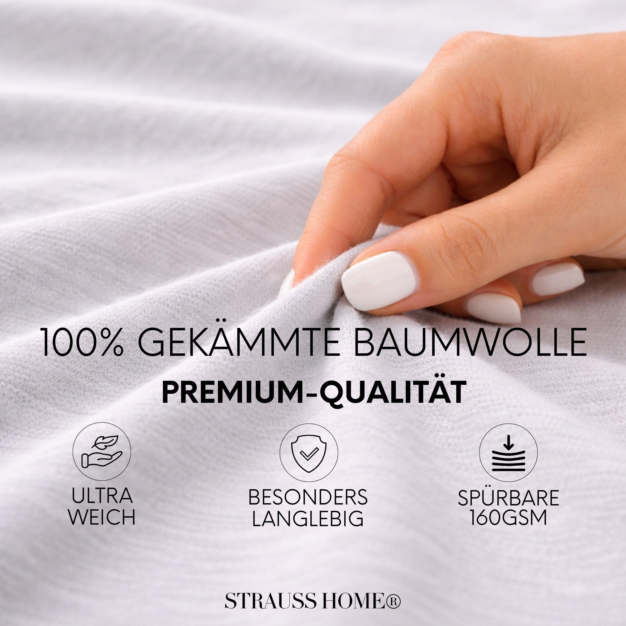 Strauss Home Spannbettlaken Premium 160 g/m² Gekämmte Baumwolle Jersey in Hotelqualität, Gummizug: Rundumgummi, OEKO-TEX®-zertifiziert - Hotelqualität – Formstabil & Langlebig