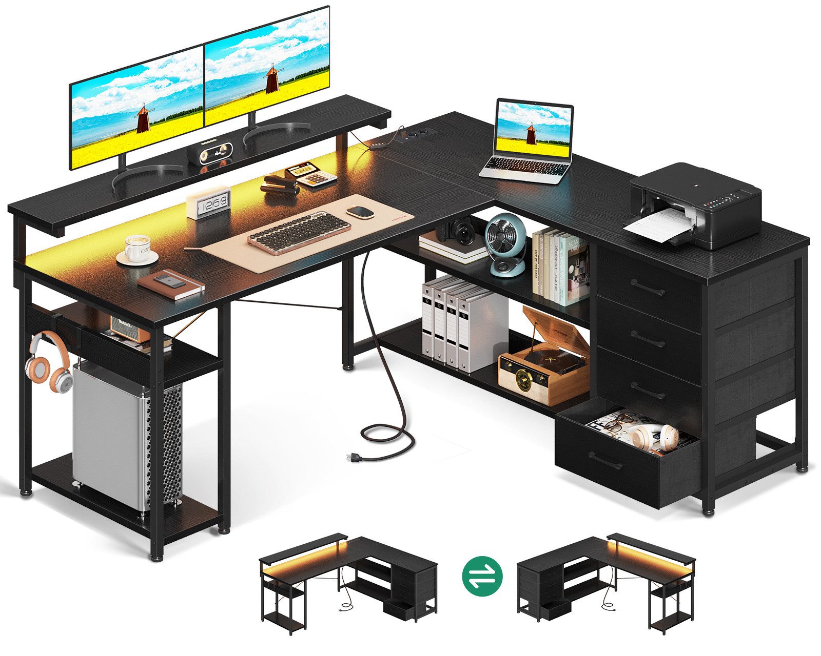 ODK Schreibtisch mit 4 Schubladen, 2 Steckdosen und 2 USB Ladeanschluss (1 Tisch), 135×110cm, schwarz