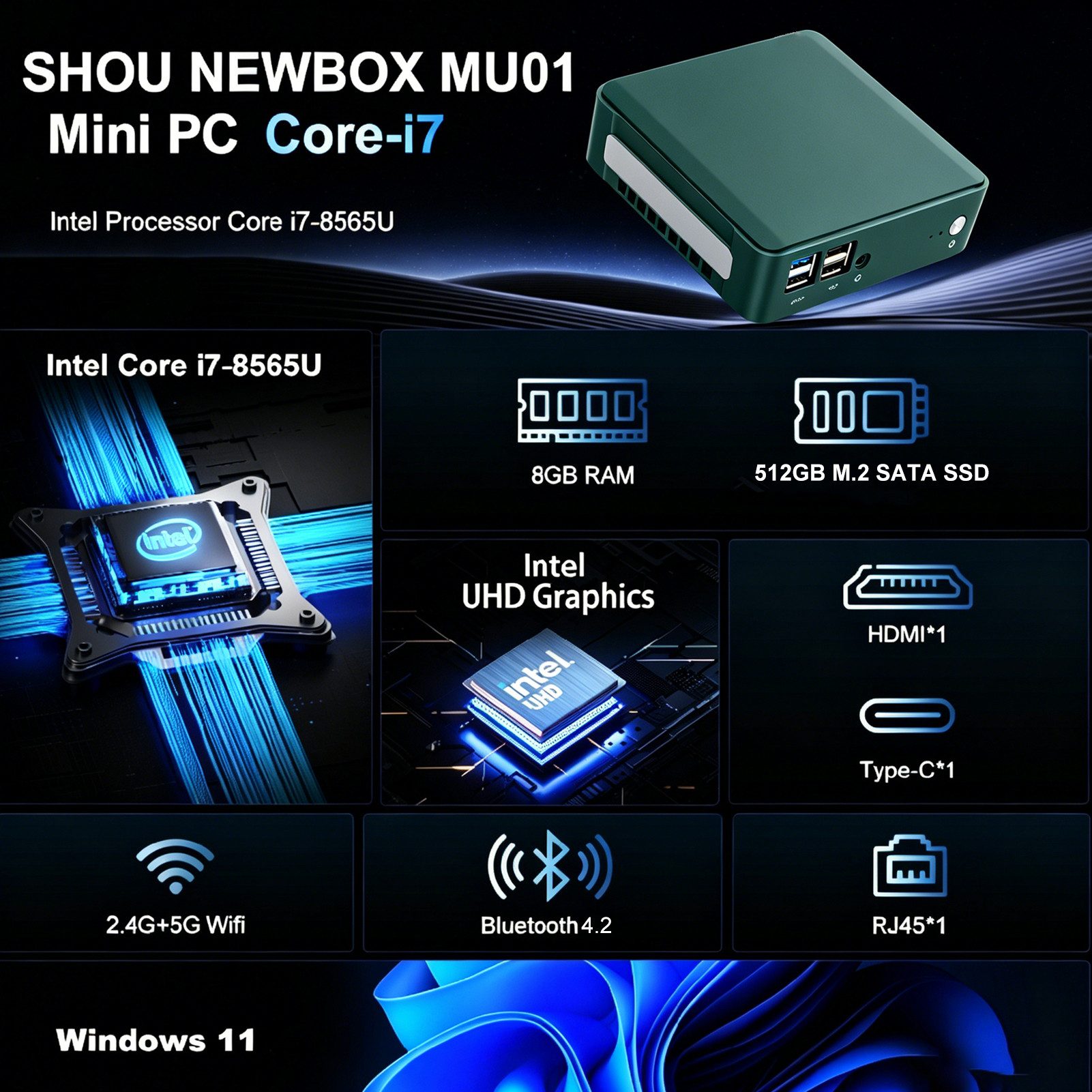 SHOU MU01, Intel Core i7-8565U(bis 4,6 GHz,4C/8 Threads)8GB RAM + 512GB SSD Mini-PC (Intel Core i7-8565U i7-8565U, Intel® UHD Graphics, 8 GB RAM, 512 GB SSD, Luftkuhlung, Core i7-8565U, Intel® UHD Graphics, 8GB DDR4, 512 GB M.2 SATA SSD)
