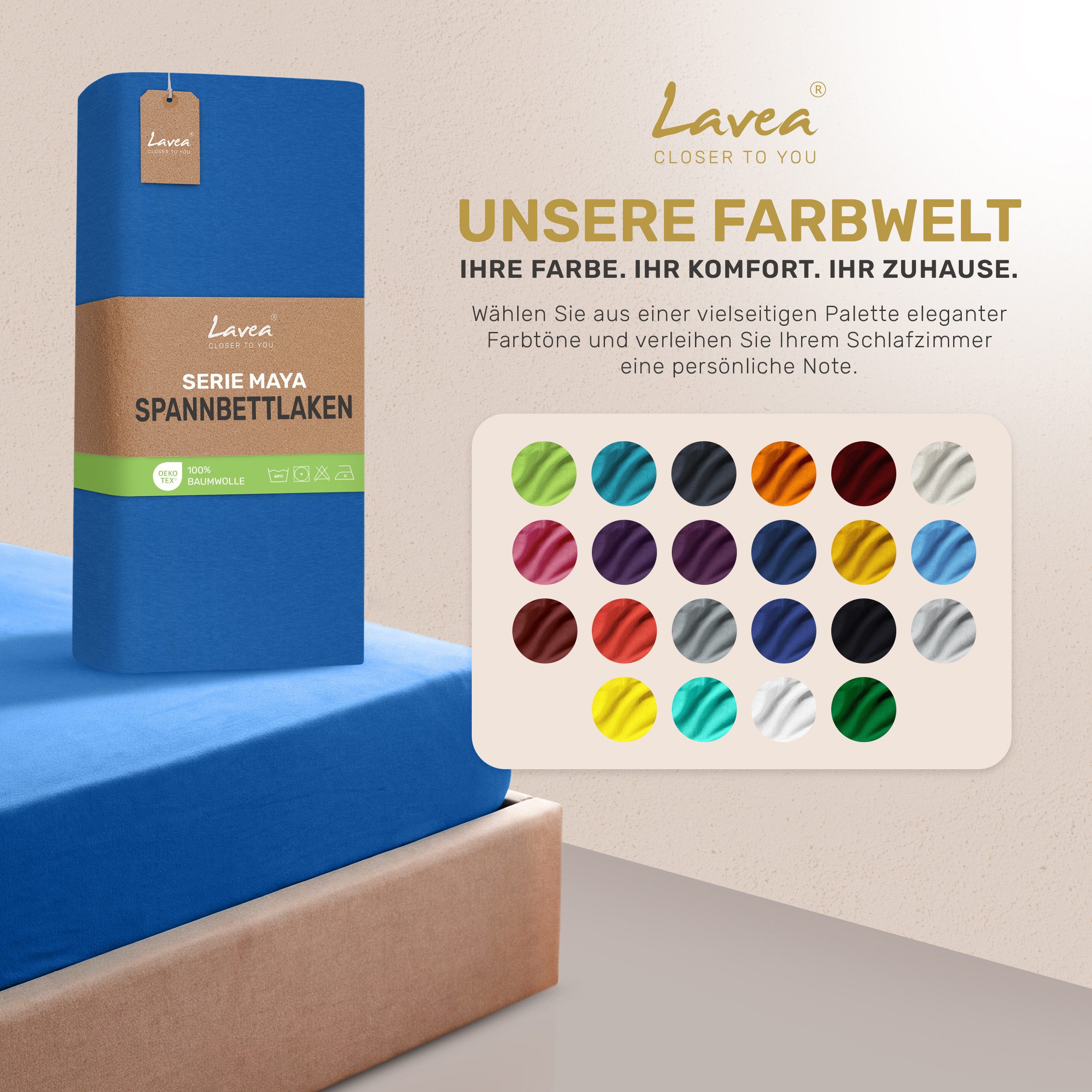 Lavea Spannbettlaken Bettlaken Maya, 180x200cm, 200x200cm, 140x200cm, 160x200cm, 100% Baumwolle Jersey, Gummizug: rundum, (1 Stück), für Matratzen, Topper, Boxs – Bild 4 von 5