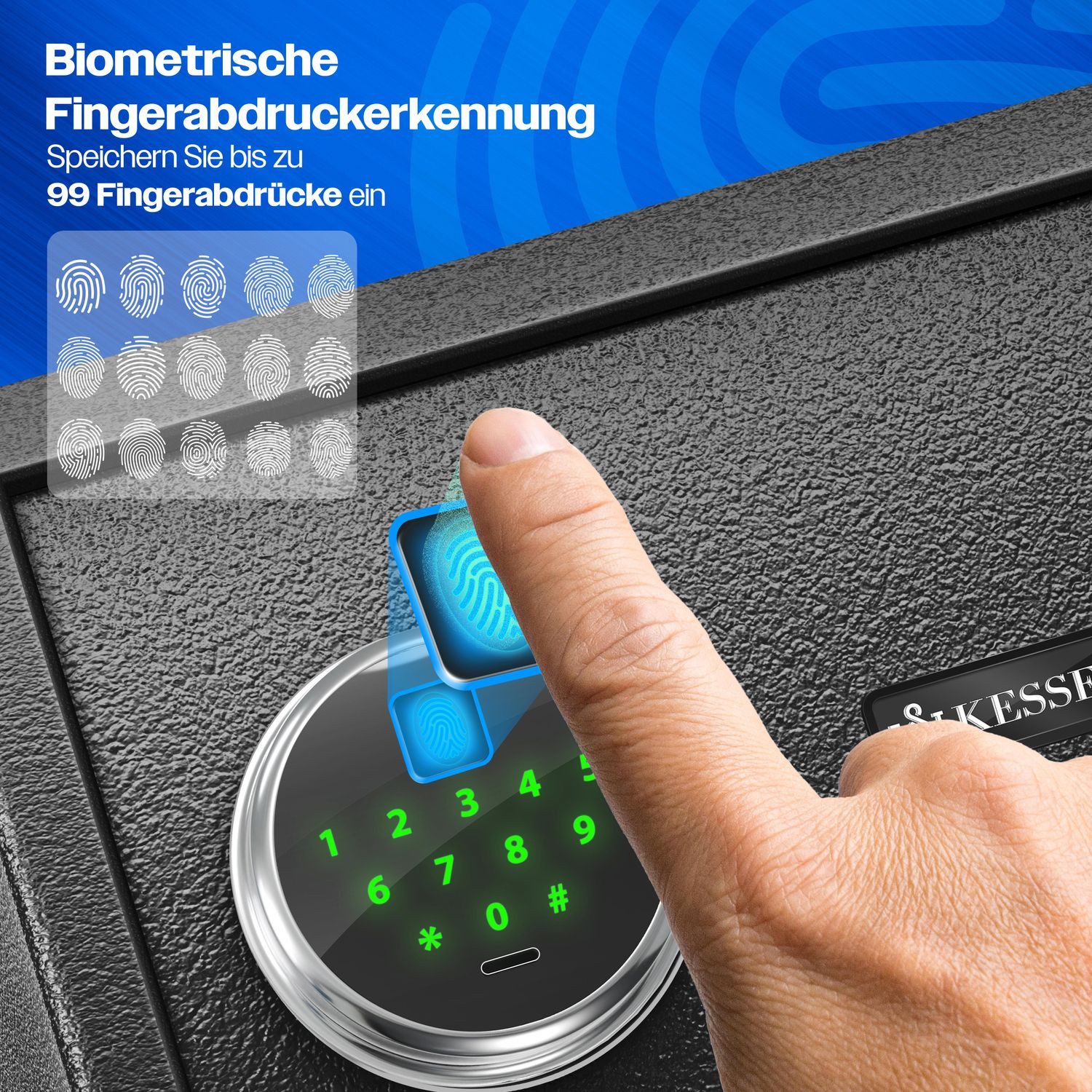 KESSER Tresor mit Fingerabdruck & Schlüssel Elektronischer Safe Möbeltresor (Wandtresor mit Ersatz-Schlüssel, Batterien, Notfall-Akku & Wandbolzen), Boden & Wandmontage 3x Doppelbolzenverriegelung & Zahlenschloss