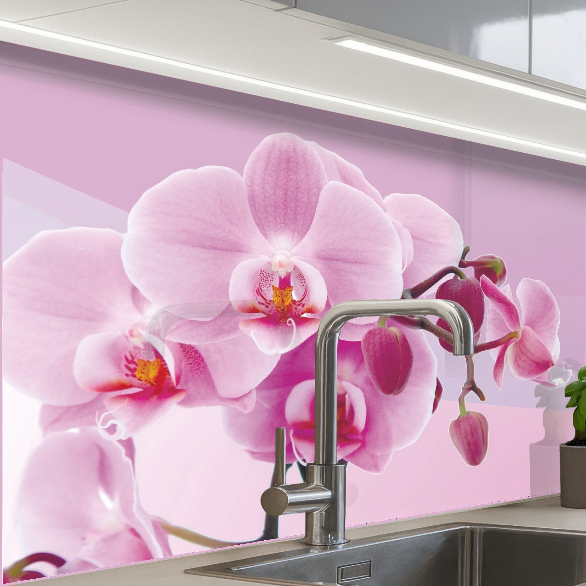 KitchenYeah Küchenrückwand Muster selbstklebend (keine Folie) Blumen - Orchidee - Rosa, (1-tlg), Spritzschutz, Küche, Rückwand, Küchenwand, Küchenfront, 30x20 cm