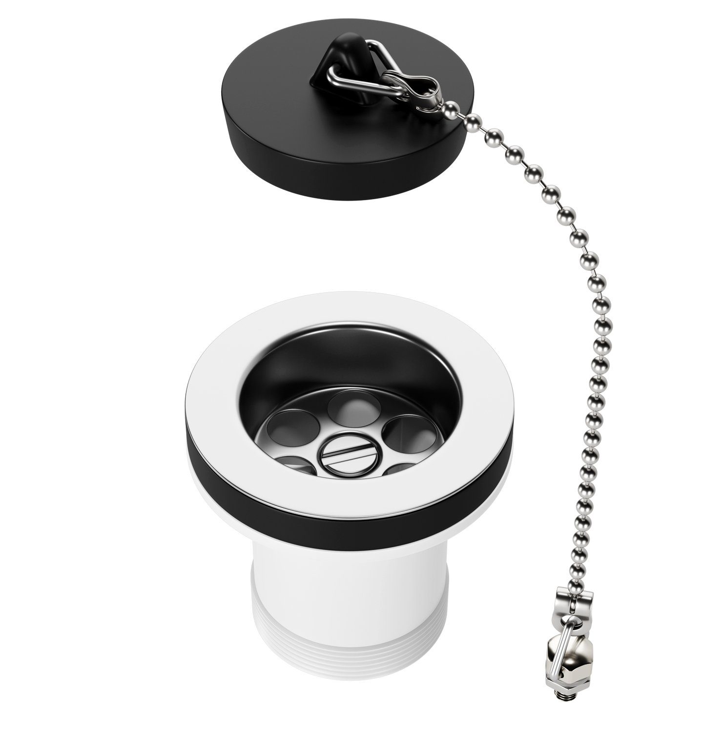 AQUADE Ablaufventil 1½“ x 55mm Ø70mm, 1-tlg., mit Stöpsel und Kette 190mm mit KH M6 x 10 mm für Spüle