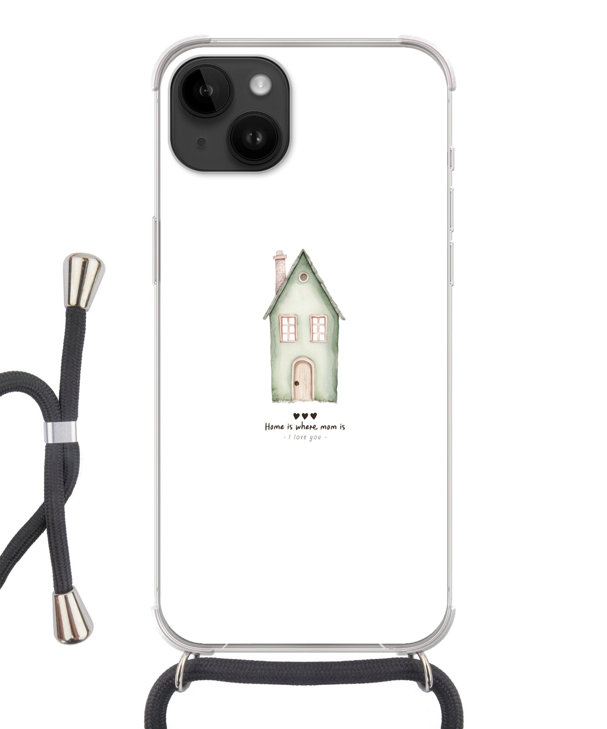 MuchoWow Handyhülle für Apple iPhone 14 Landhaus - Grün - Text - Liebevoll, Tragbare Handyhüllen mit Kette zum umhängen, Handykette Handyband