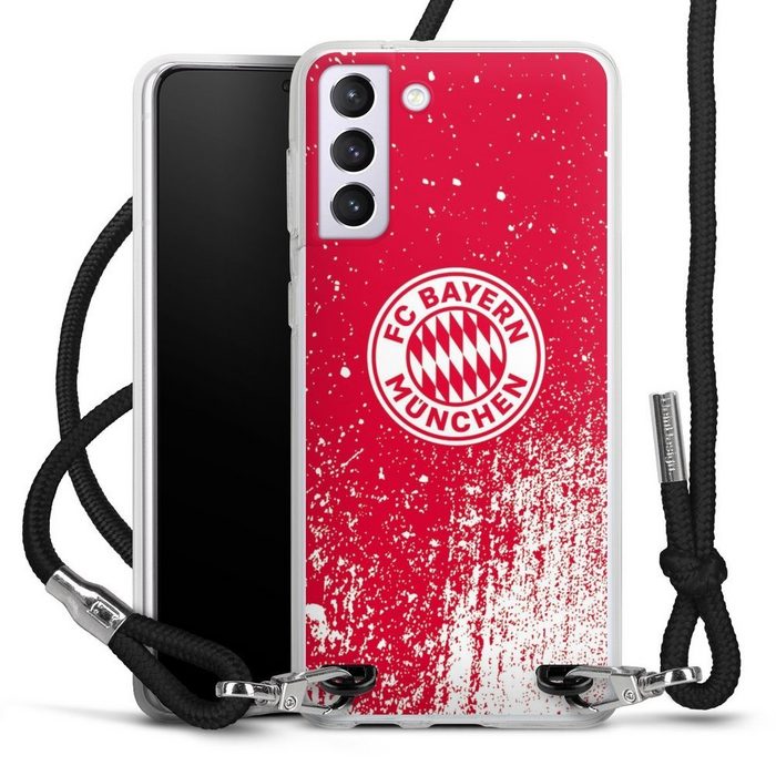 DeinDesign Handyhülle FC Bayern München Offizielles Lizenzprodukt FCB Splatter Rot - FCB Samsung Galaxy S21 Plus 5G Handykette Hülle mit Band Case zum Umhängen