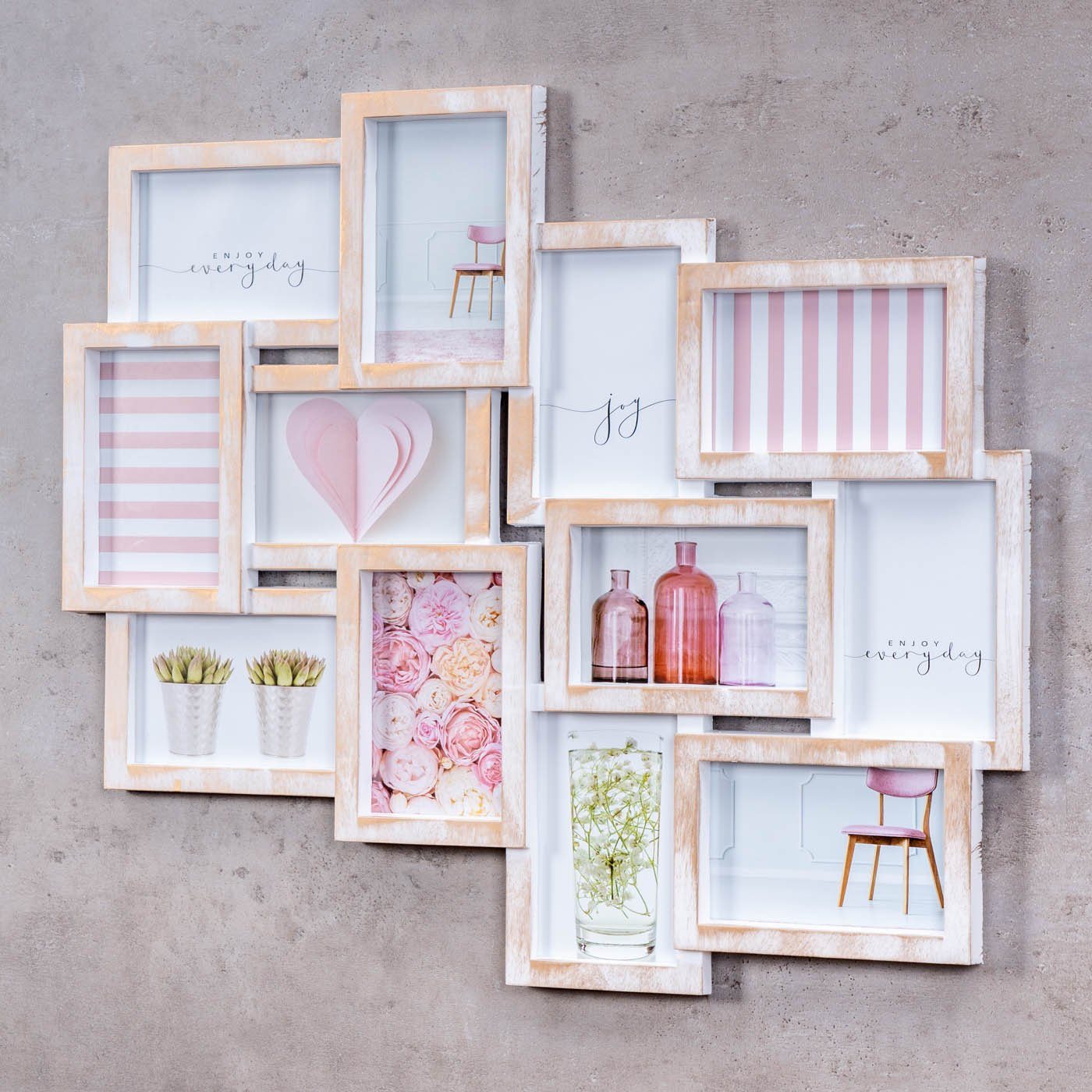 Levandeo® Bilderrahmen Collage, Bilderrahmen Collage 12 Fotos 10x15 Weiß Gold Kupfer Gewischt