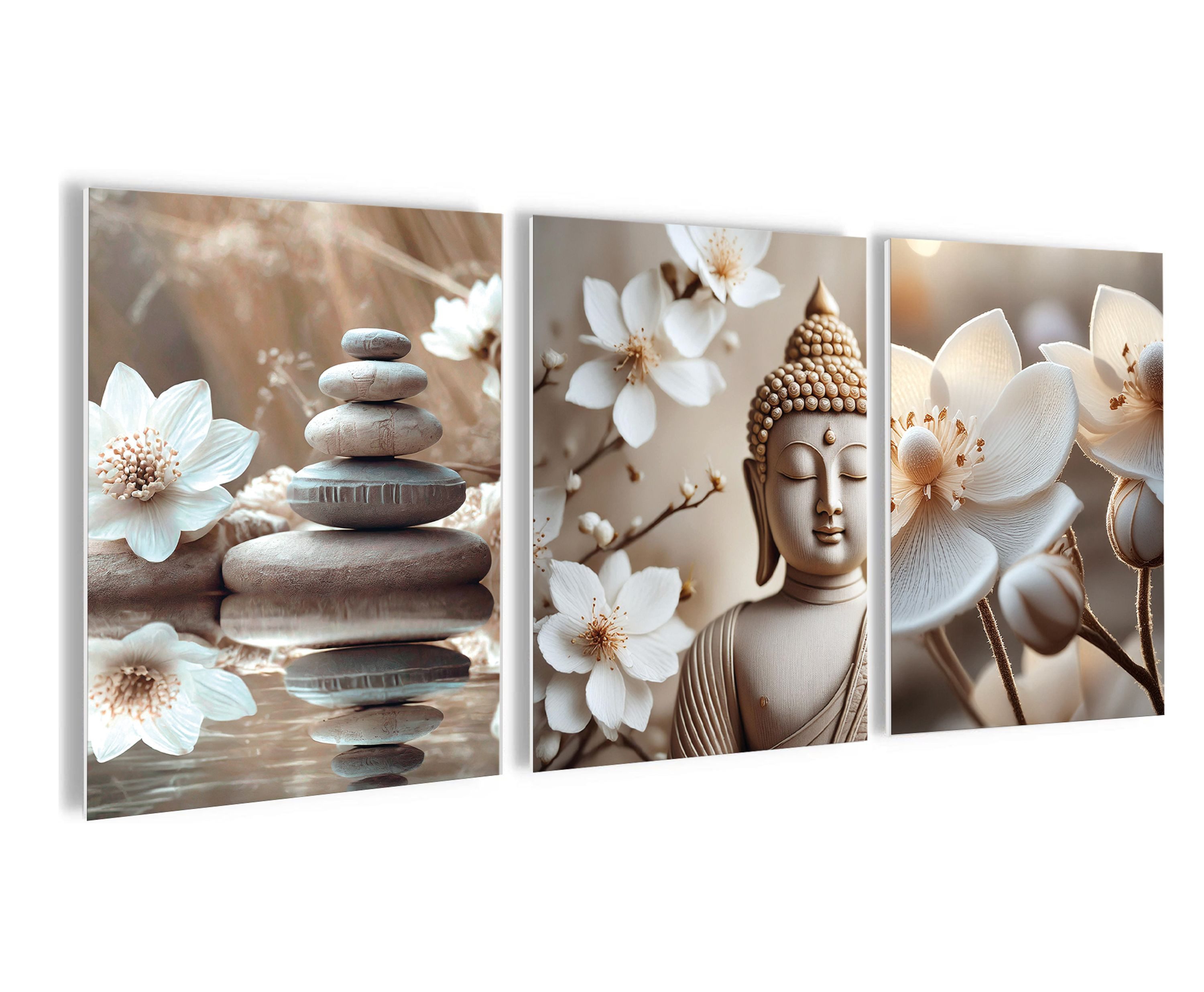 artissimo Mehrteilige Bilder Bilderset 3er-Set, Wandbilder-Set natur, Bilderwand Bilder beige weiß, Zen & Spa: Buddha