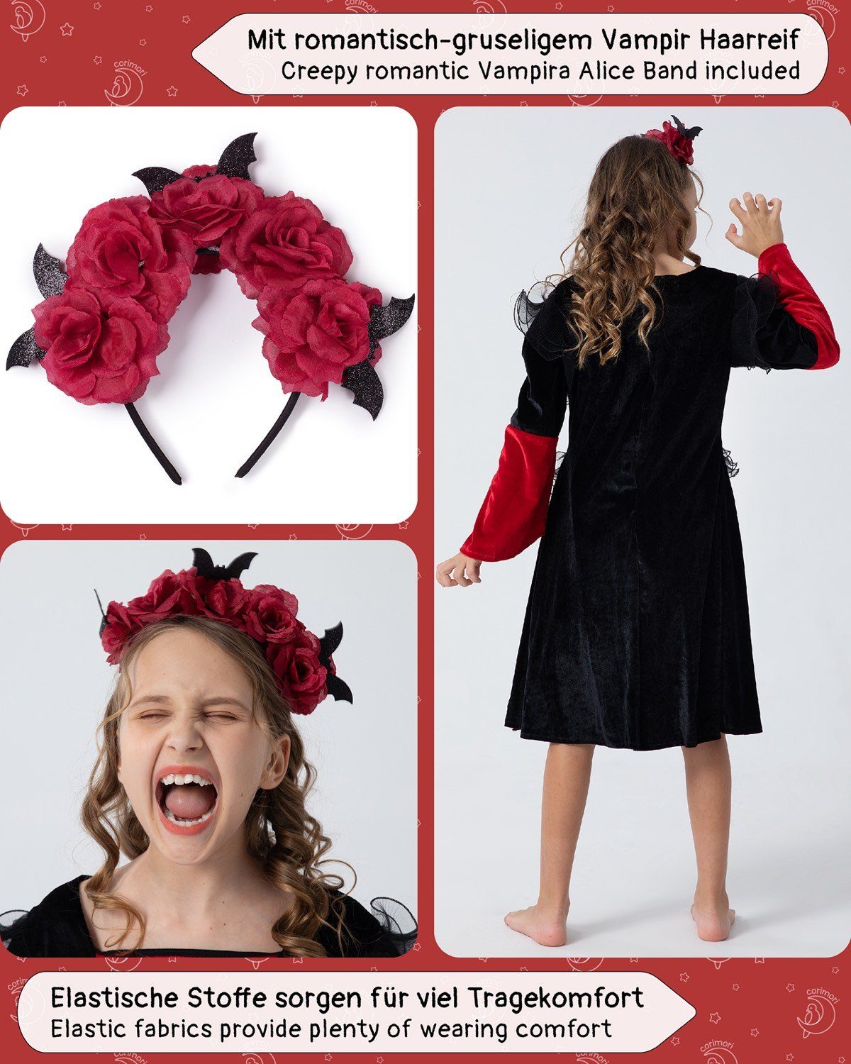 Corimori Vampir-Kostüm Kleid für Halloween, Set für Kinder, mit Zubehör, Mit Haarreif, Klebe-Tattoos für Mädchen, Fasching, Karneval