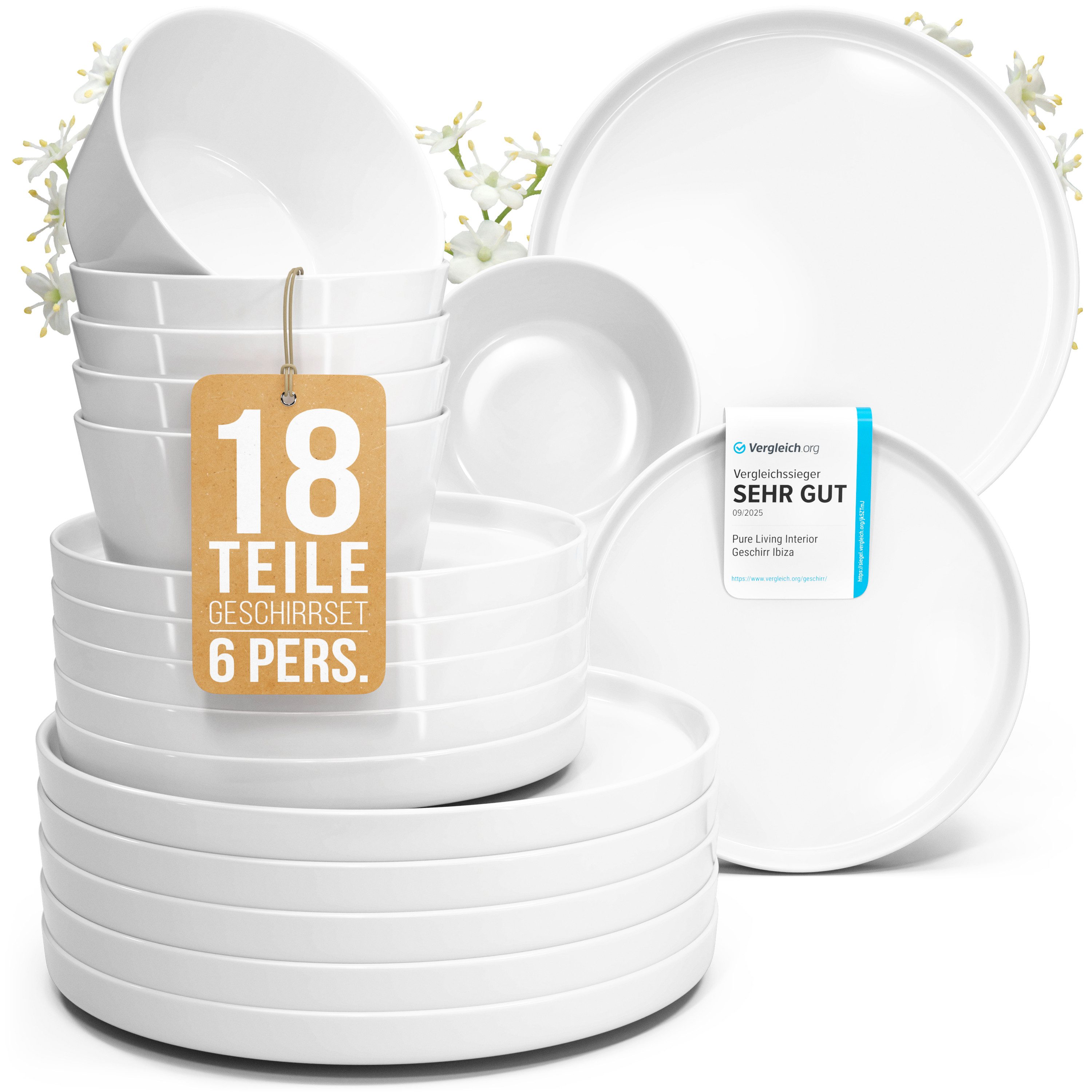 PURE LIVING INTERIOR DESIGN Geschirr-Set Crystal aus Porzellan, 18-tlg., für 6 Personen, Weiß (18-tlg), 6 Personen, Porzellan