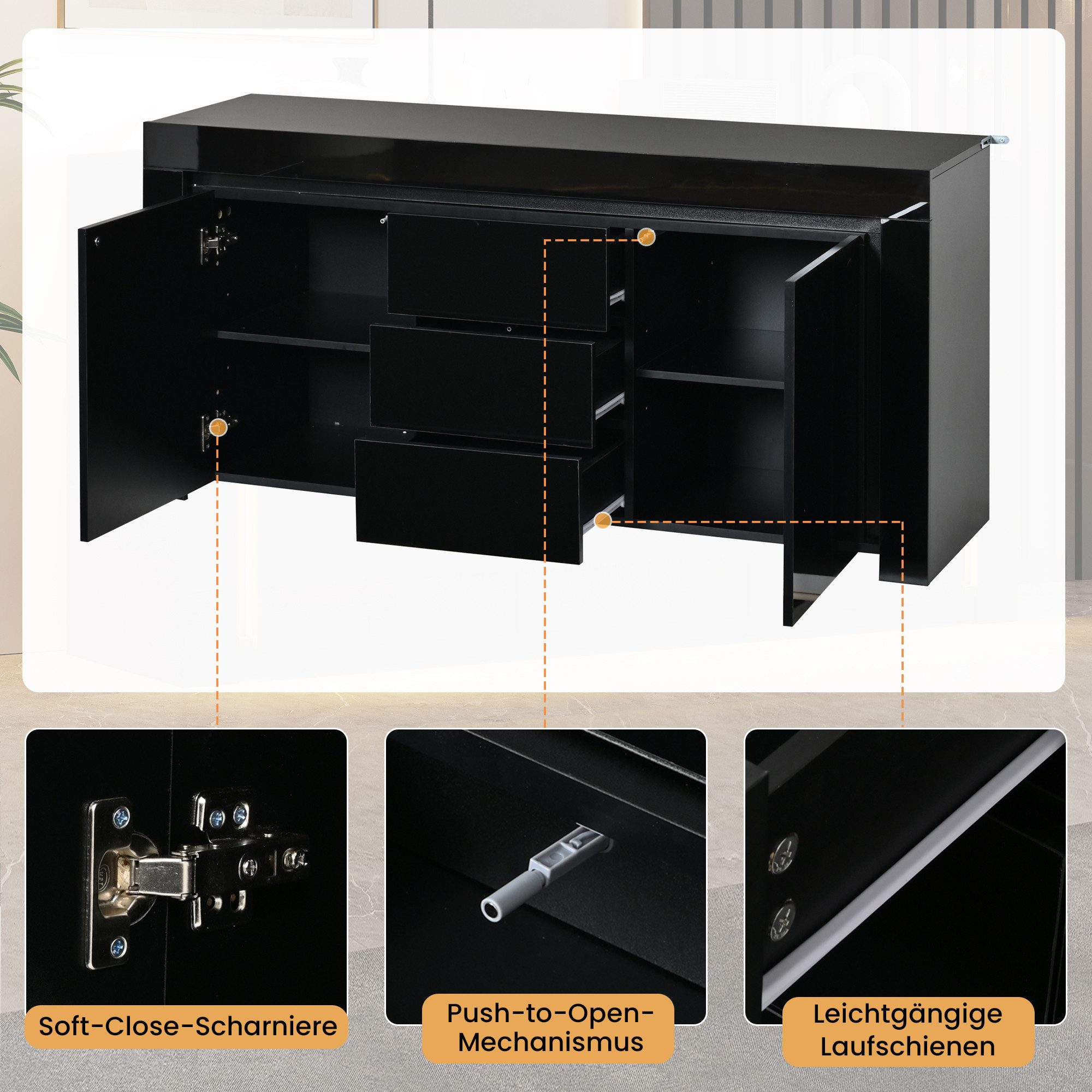 Merax Sideboard Hochglanz Anrichte mit LED-Beleuchtung (für Flur, Wohnzimmer, Büro, 1 St., 140×40×65cm), Kommode mit 2 Türen, 3 Schubladen & verstellbaren Einle – Bild 5 von 5