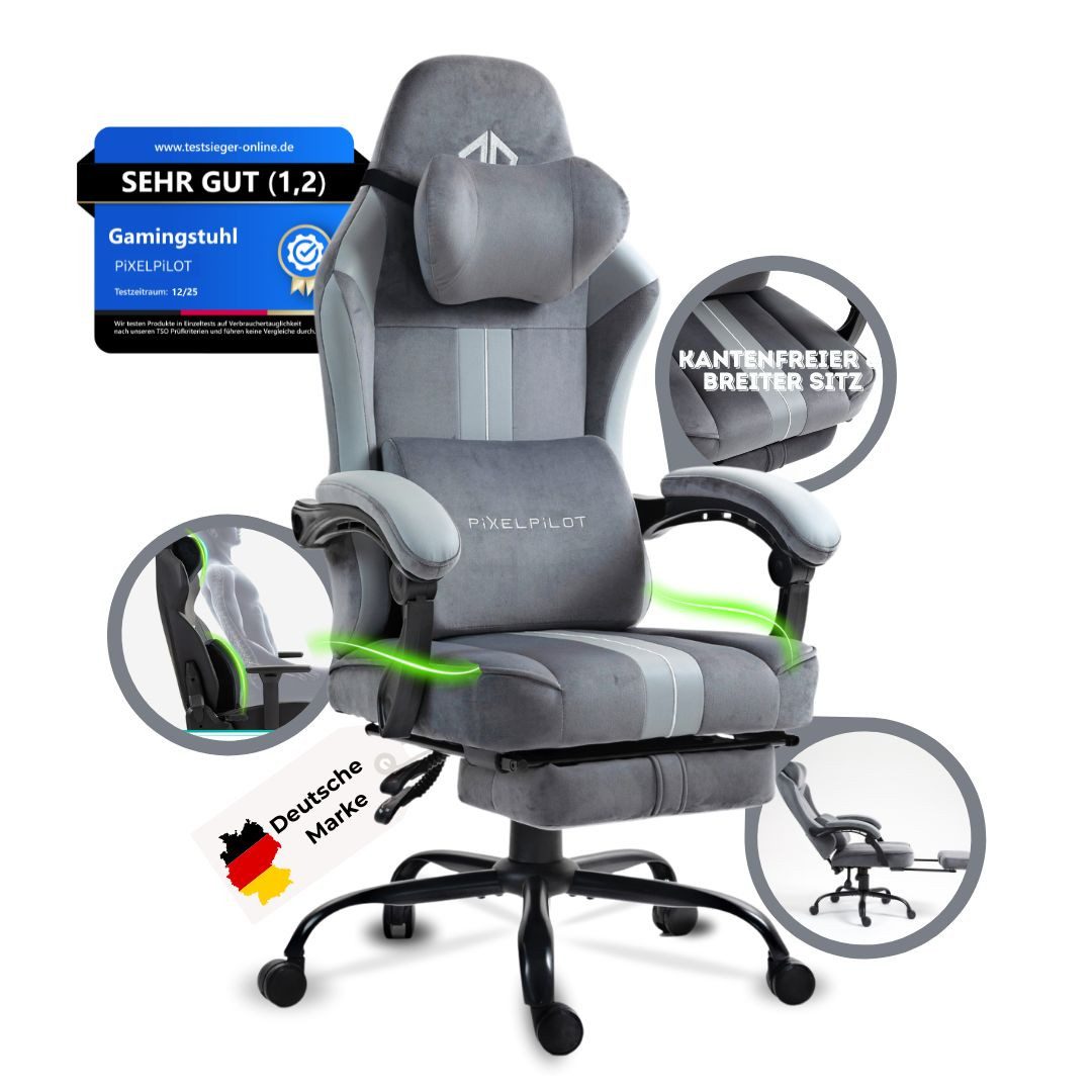 PixelPilot Gaming Chair PixelPilot Ergonomischer Gaming-Stuhl mit Fußstütze, breite Sitzfläche, Atmungsaktiver Stoff, Ergonomisches Design