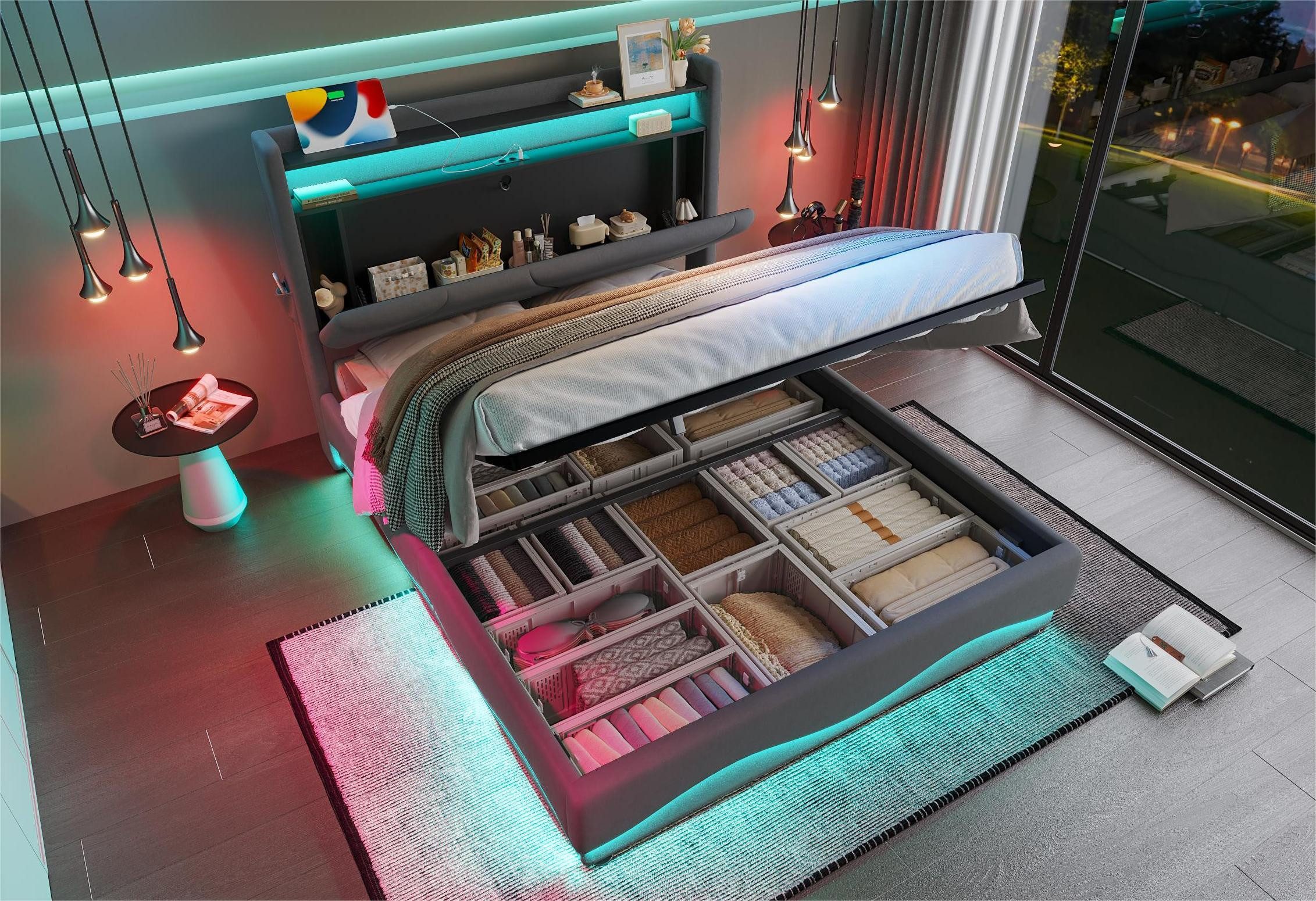 LVHOM Boxbett 140/160x200cm Modernes LED-Polsterbett mit Bettkasten & Lades günstig online kaufen