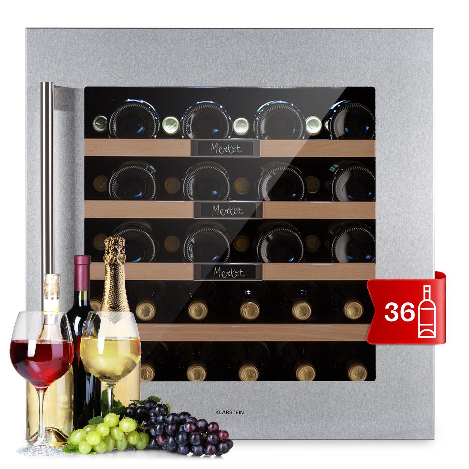 Klarstein Weinkühlschrank Vinsider 36 Built-In Uno, für 36 Standardflaschen á 0,75l Edelstahl | Edelstahl