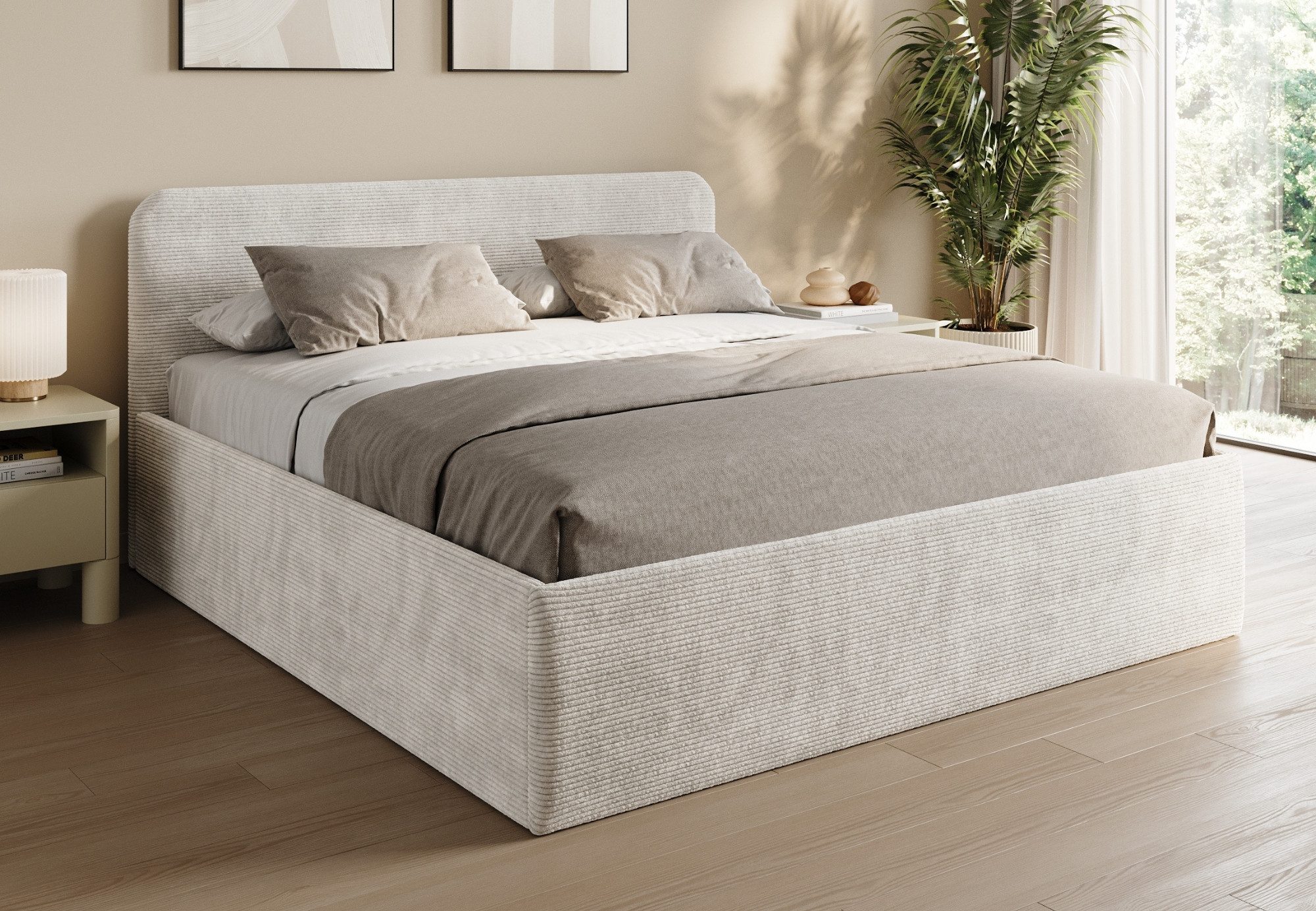 Home Collective Polsterbett Bett mit Stauraum, verstellbarem Lattenrost, viele Größen (Größen: 100x200 120x200 140x200 160x200 180x200 200x200, hochwertiger Kordstoff, made in Germany), wählbare Matratze Federkern oder Kaltschaum, Hellbeige