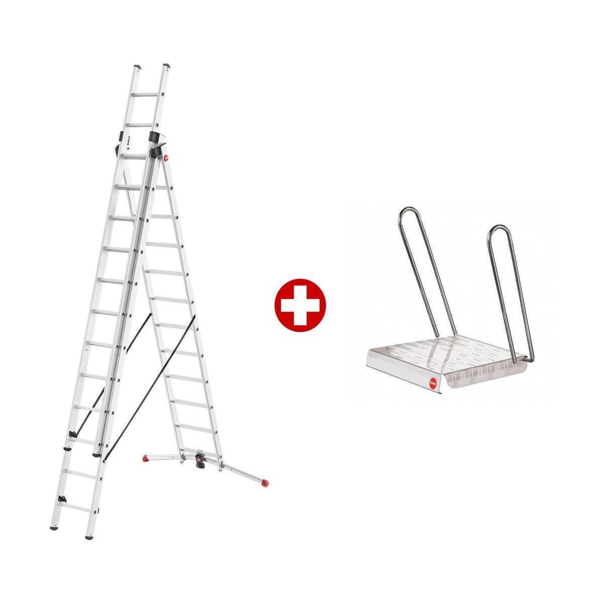 Hailo Trittleiter ProfiLOT Aluminium-Teleskopleiter mit gratis Einhängetritt, Kombi-Leit (Set, gratis Einhängetritt), mit bis zu 150 kg belastbar, Rasthaken mit Transportsicherung