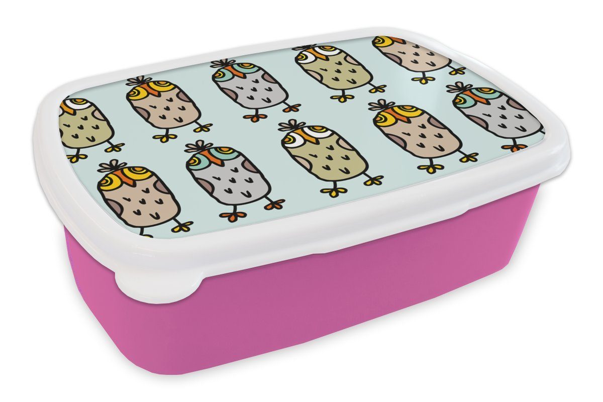 MuchoWow Lunchbox Muster - Eule - Blau, Kunststoff, (2-tlg), Brotbox für Erwachsene, Brotdose Kinder, Snackbox, Mädchen, Kunststoff rosa