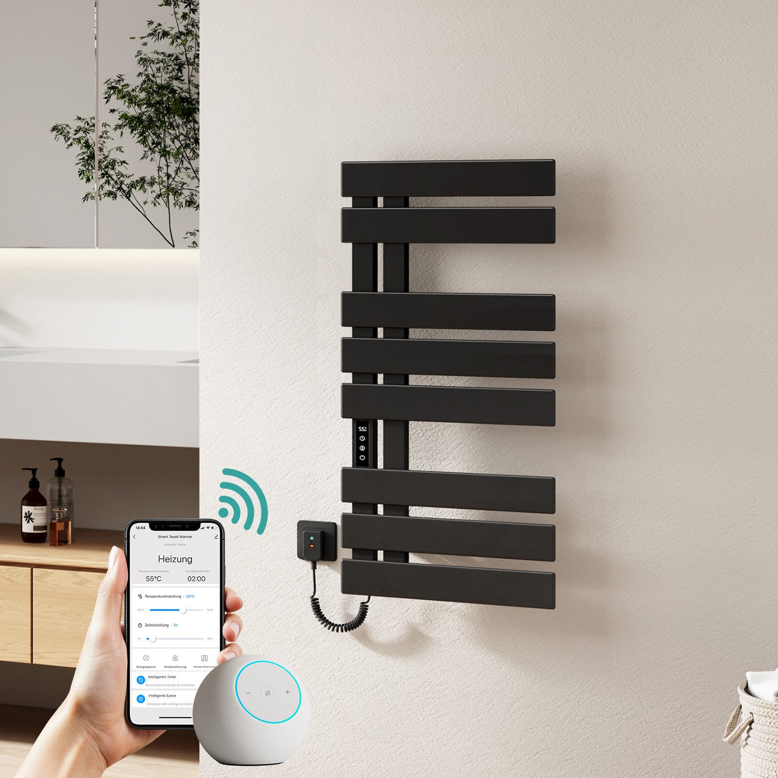 EMKE Elektrischer Badheizkörper Handtuchtrockner mit Smart Thermostat WiFi/APP-Steuerung Timer, Ausführung Link/recht Designheizkörper Flach Badheizkörper 85 × 40 cm